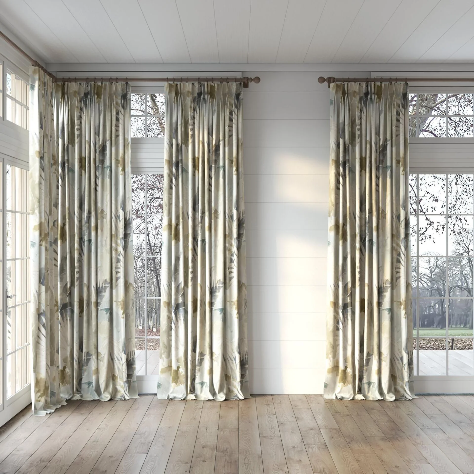 Full view of Canopy Gilver, puddled, on curtain rod