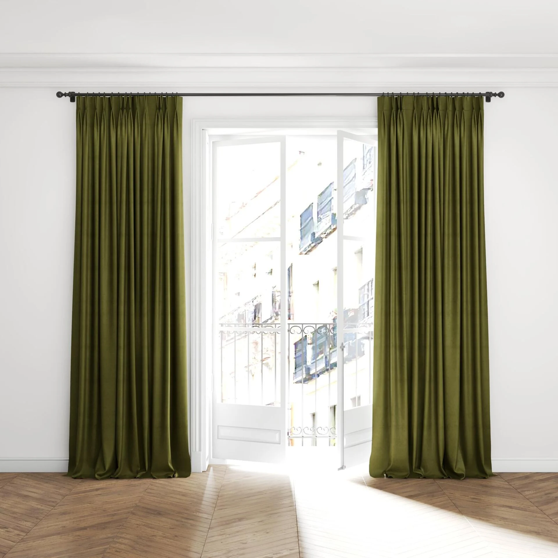 Full view of Baron Olive, puddled with pinch pleat, on curtain rod