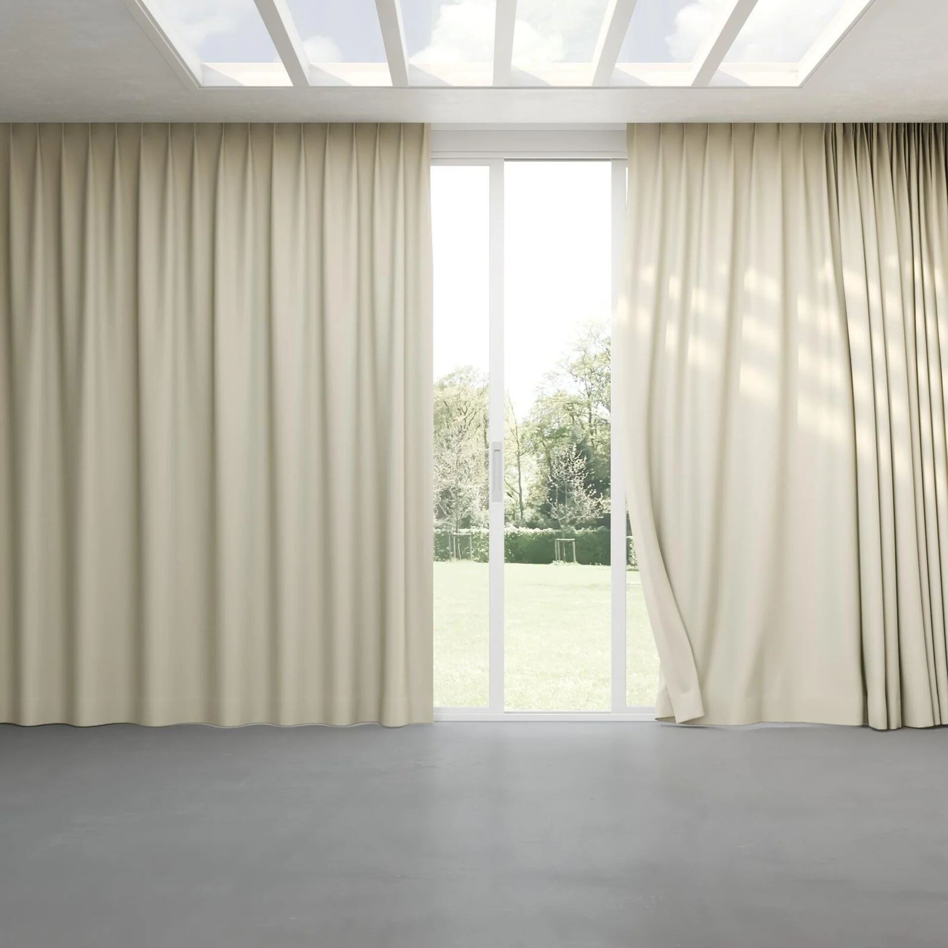 Full view of Blockbuster Stucco, pinch pleat