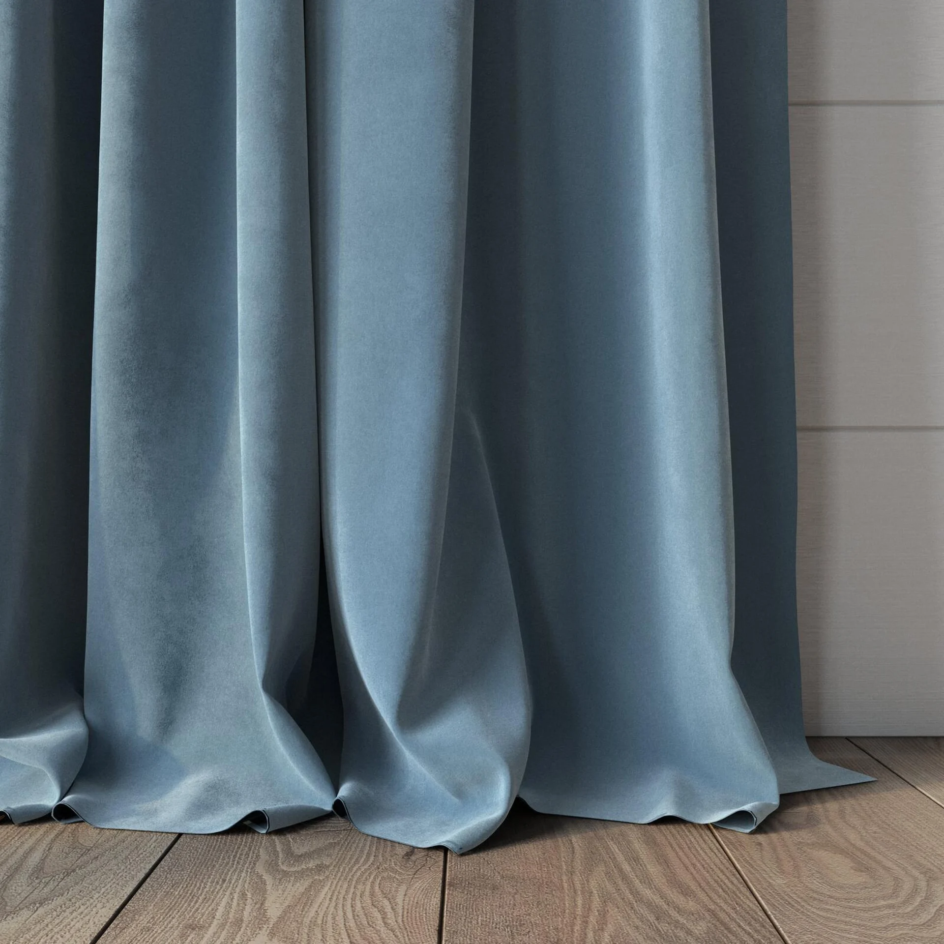 Bottom view of Lux Velvet Sky 8804, puddled, on curtain rod