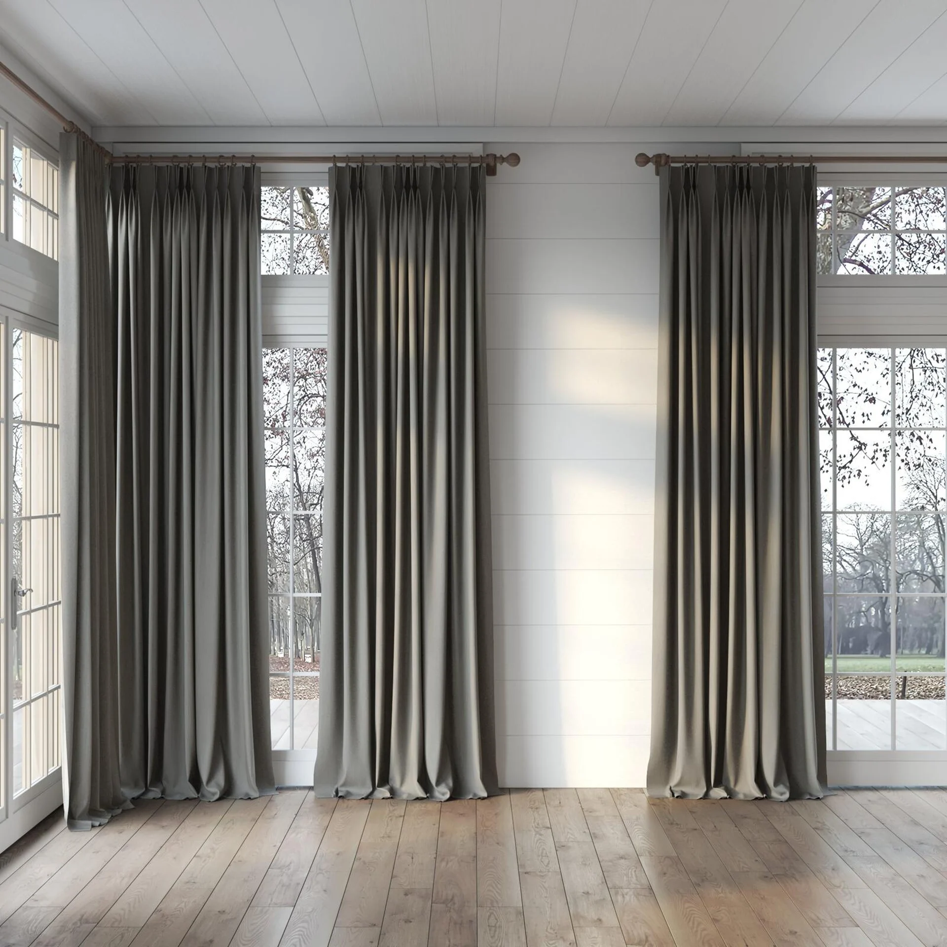 Full view of Equator Charcoal, puddled, on curtain rod