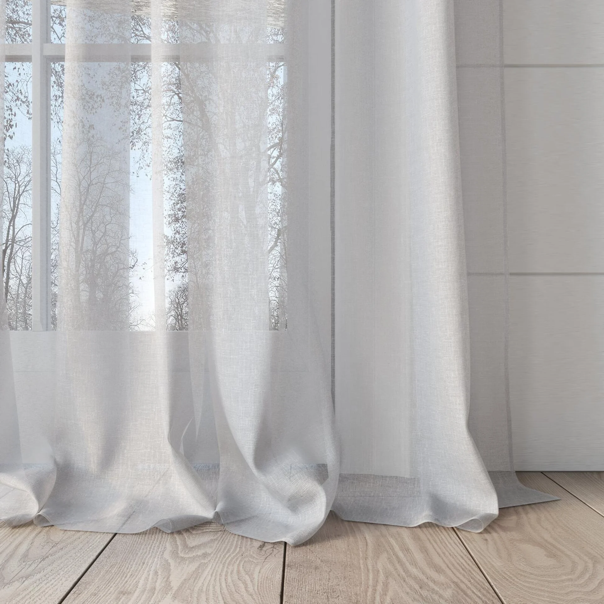 Bottom view of Graceful Snow, puddled, on curtain rod