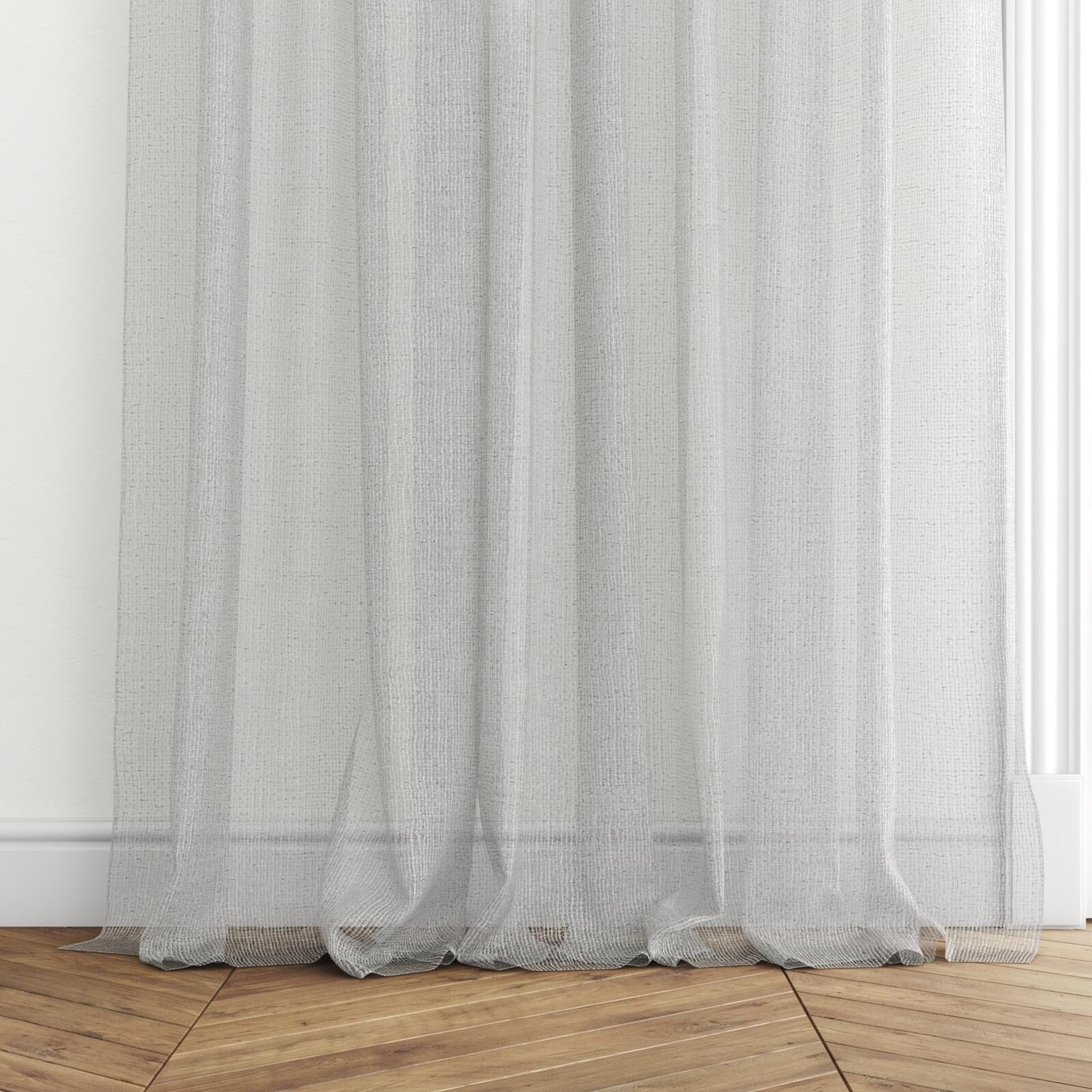 Bottom view of Kensho Terrazzo, puddled with pinch pleat, on curtain rod