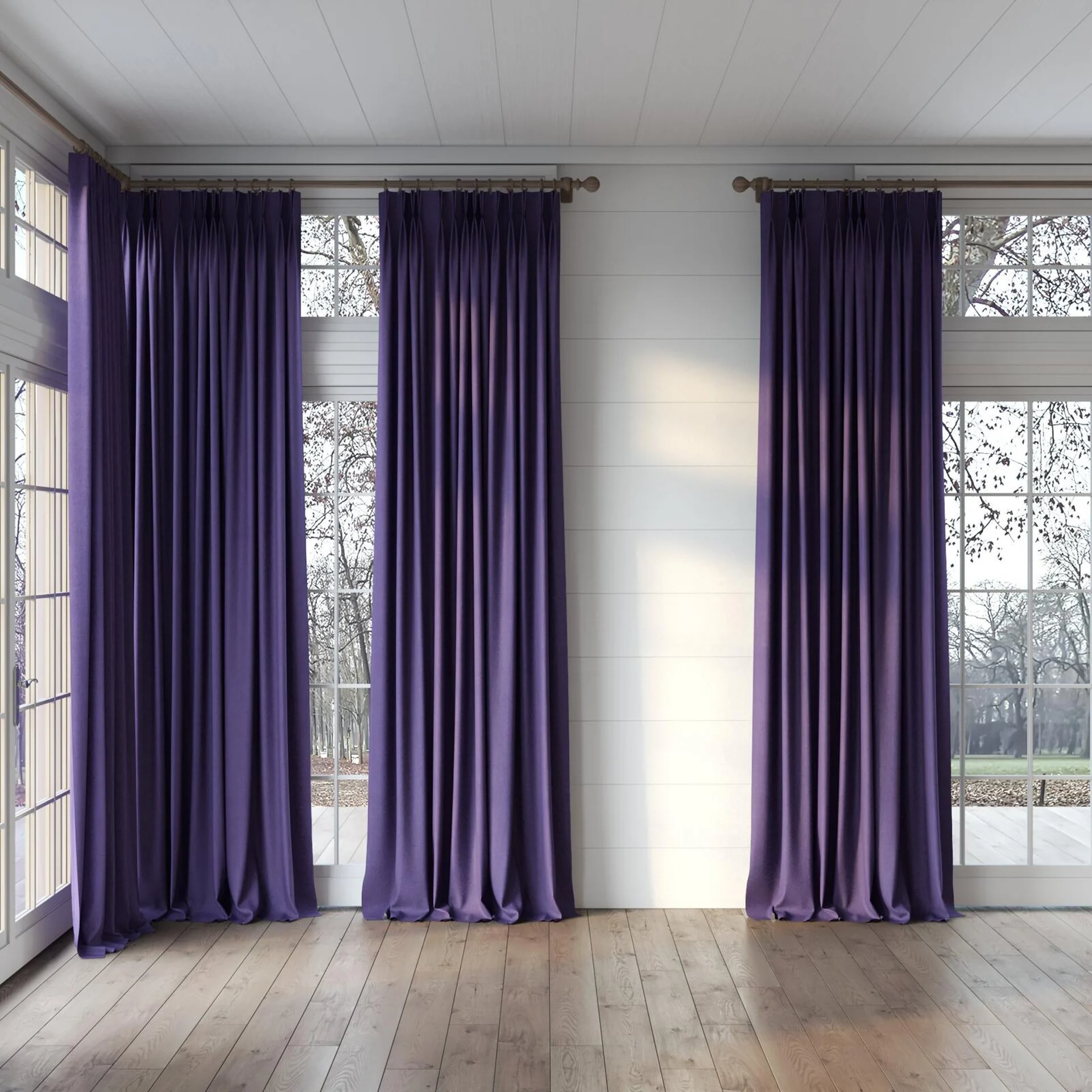 Full view of Rover Violet, puddled, on curtain rod