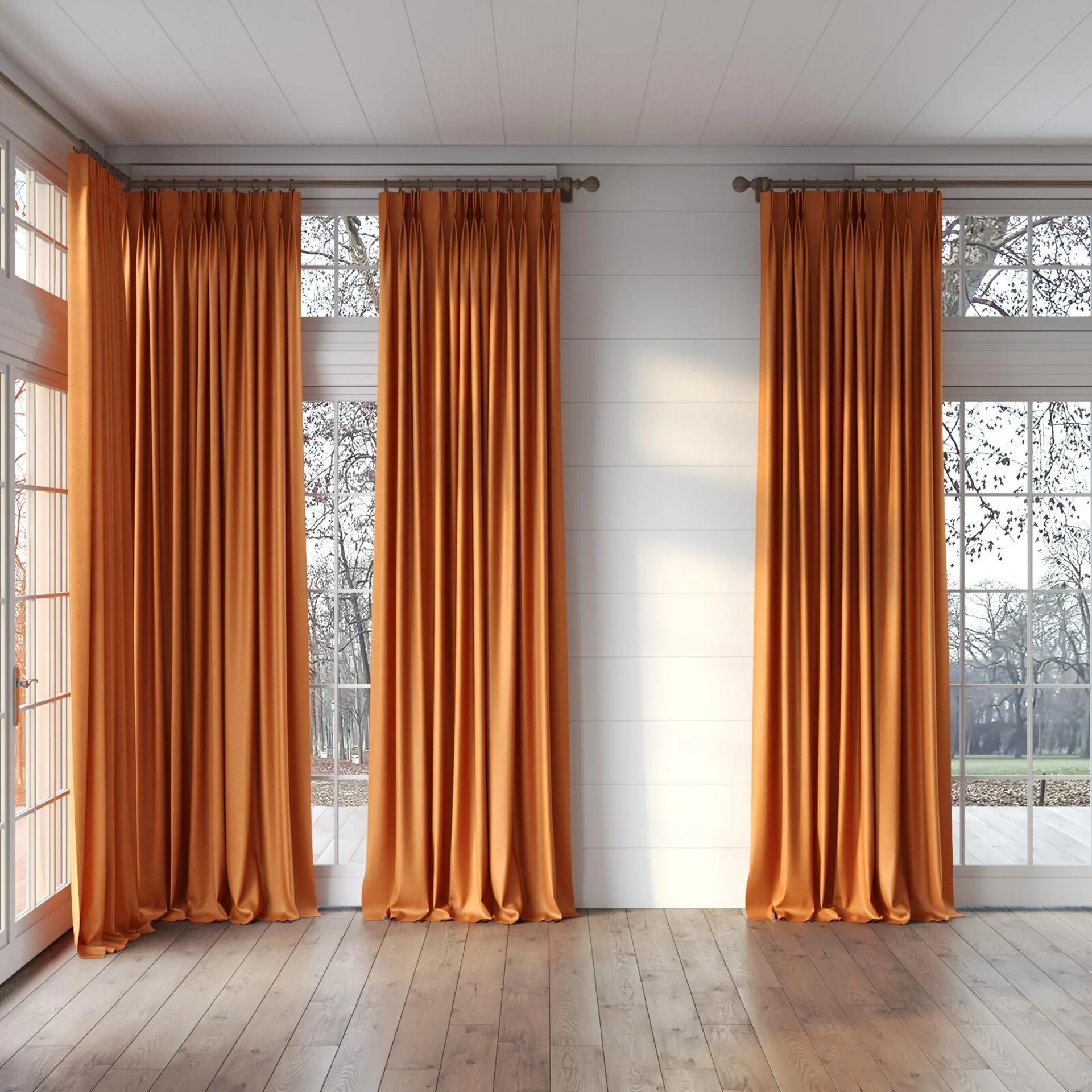 Full view of Bronco Tangerine, puddled, on curtain rod