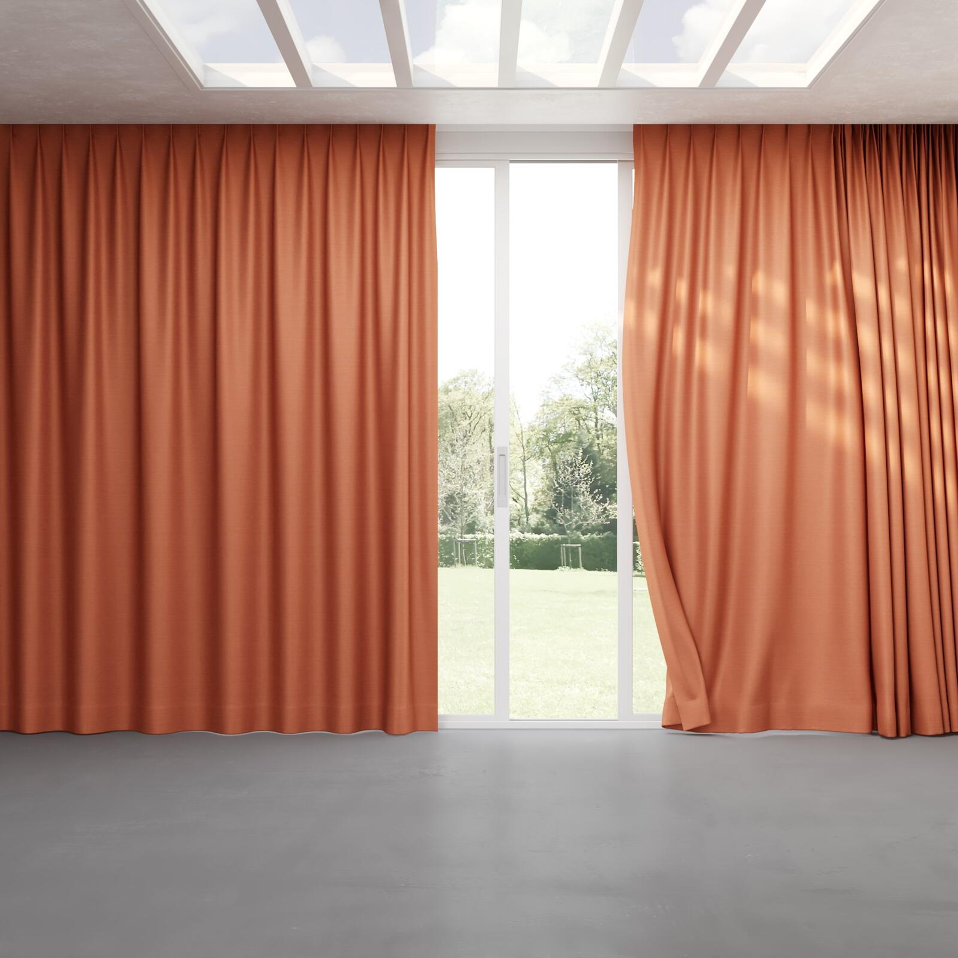 Full view of Silky Coral, pinch pleat