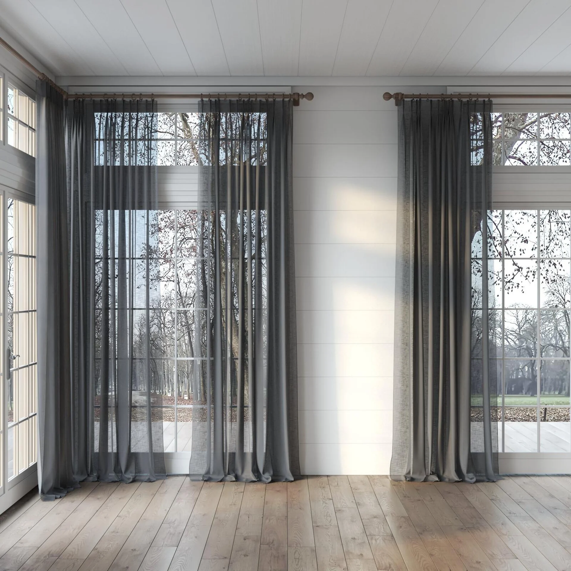 Full view of Cirrus Charcoal, puddled, on curtain rod