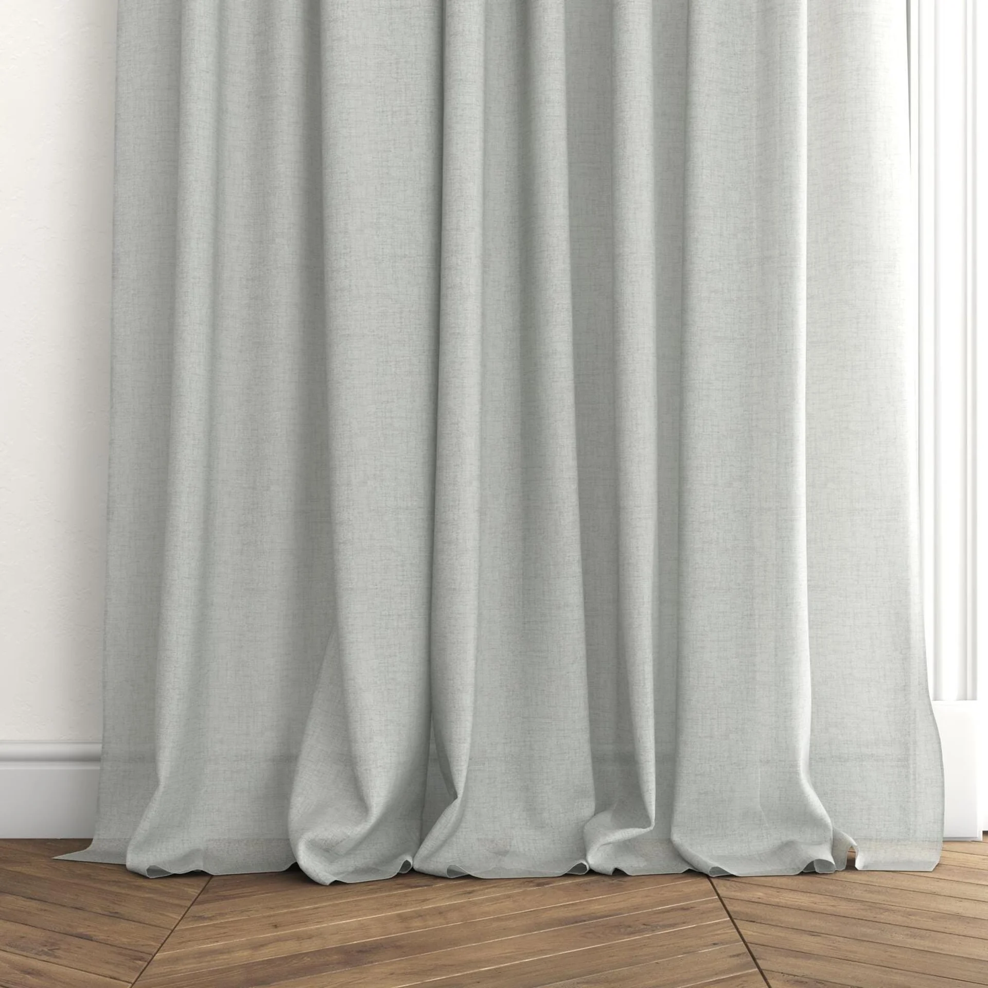 Bottom view of Rava Silver, puddled with pinch pleat, on curtain rod