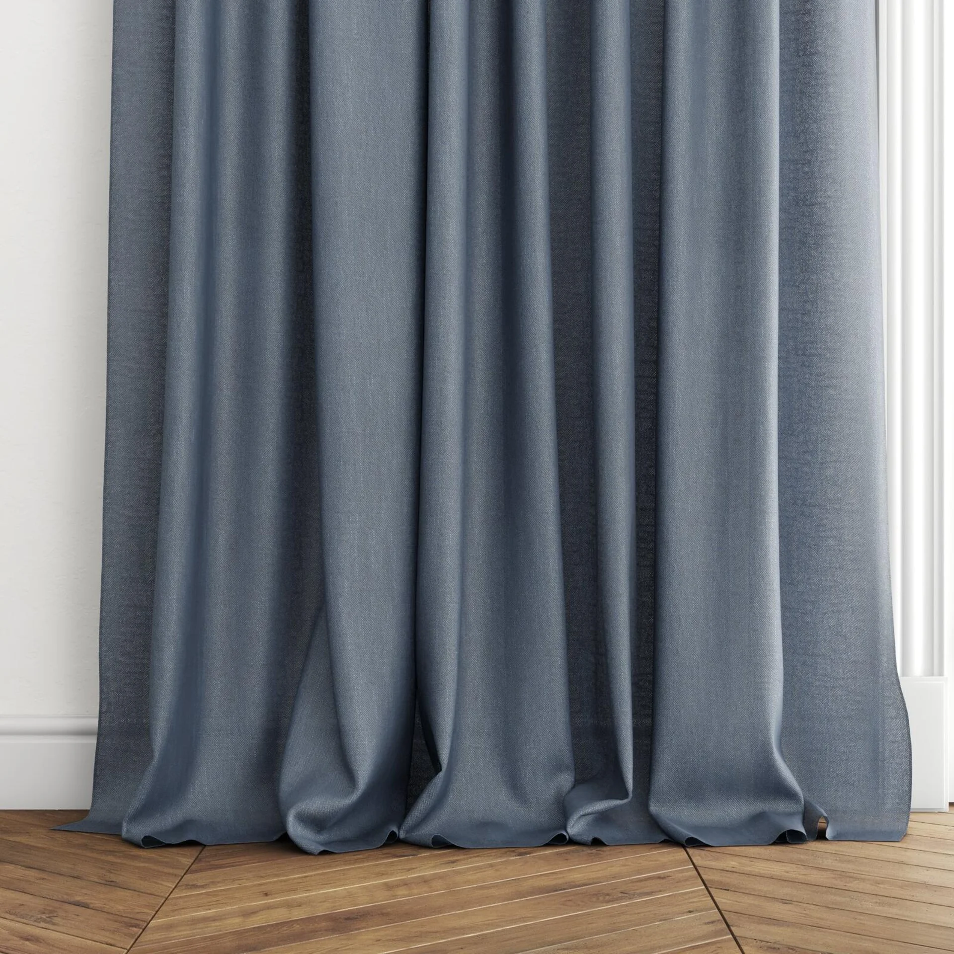 Bottom view of Lucidity Indigo, puddled with pinch pleat, on curtain rod