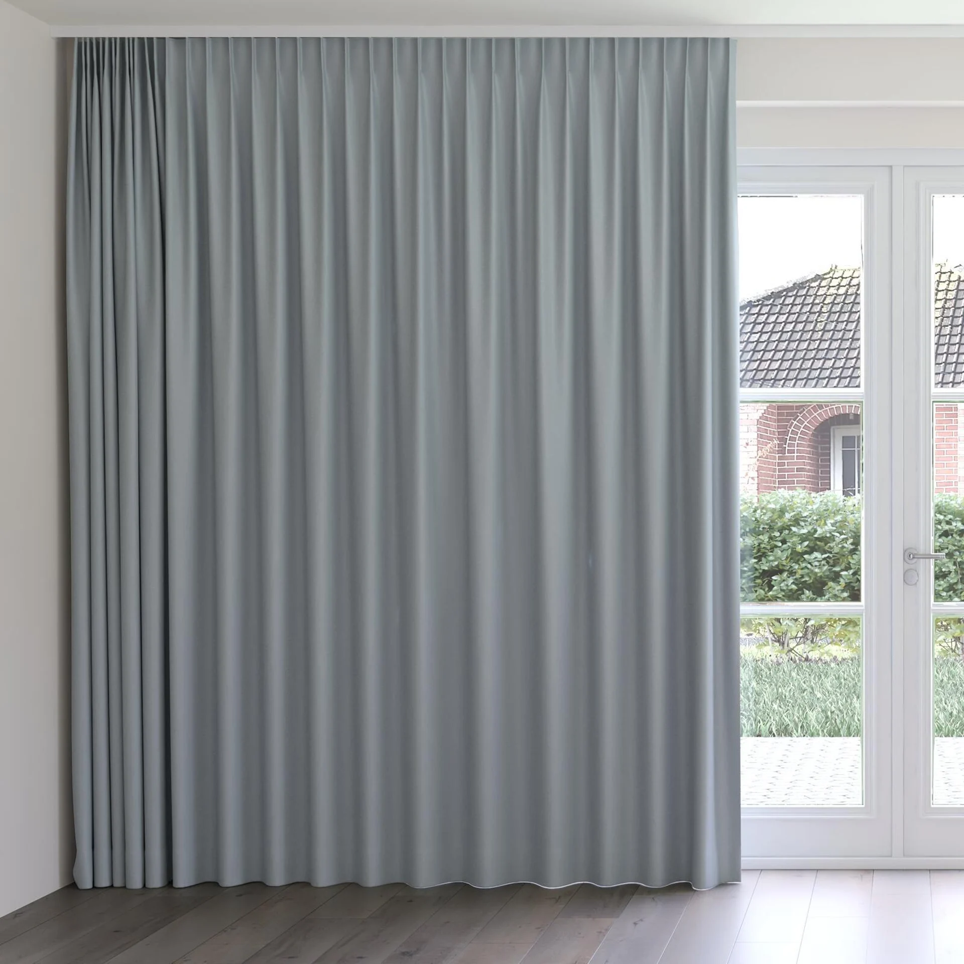 Front view of Infinite Powder Blue, on curtain rail