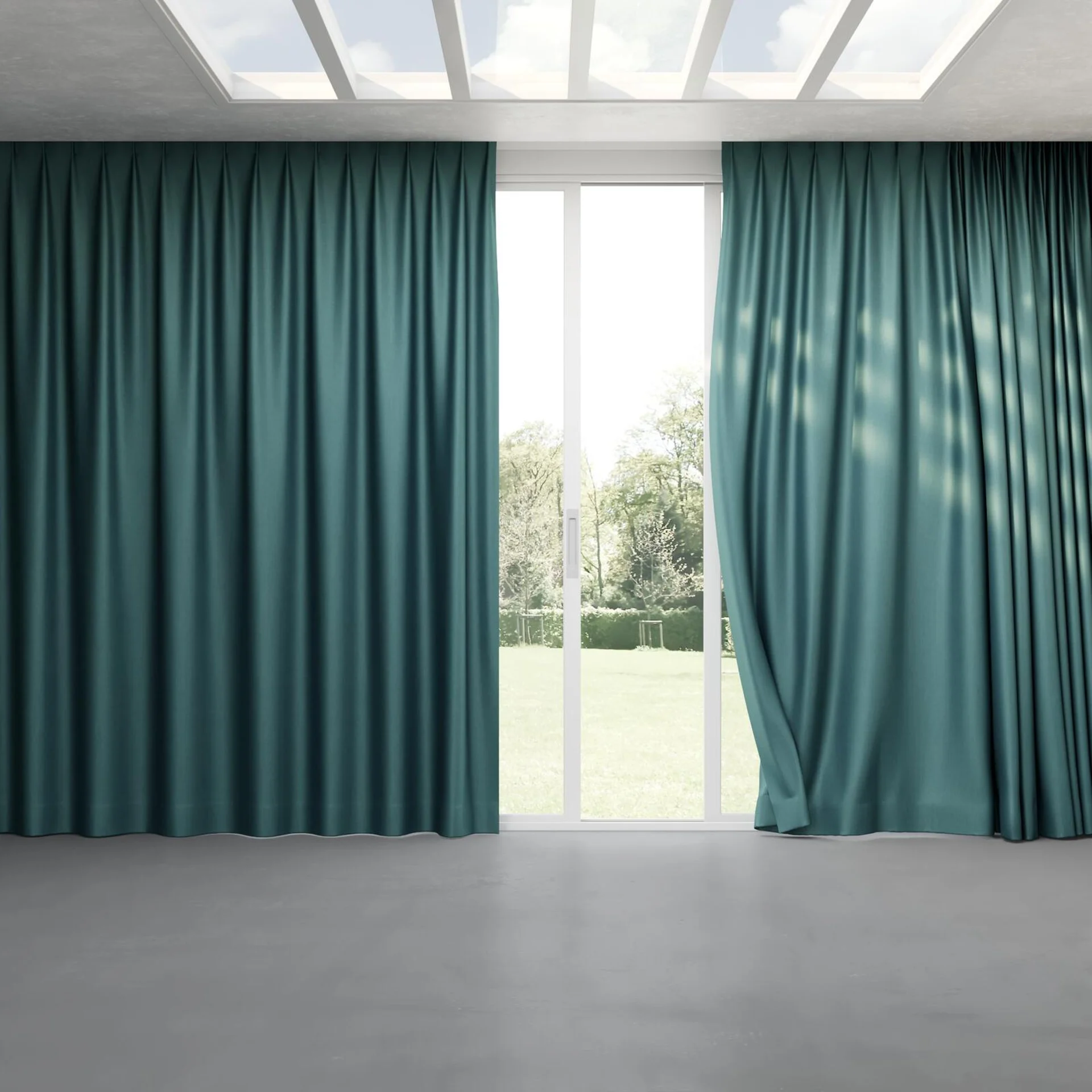 Full view of Matrix Teal, pinch pleat