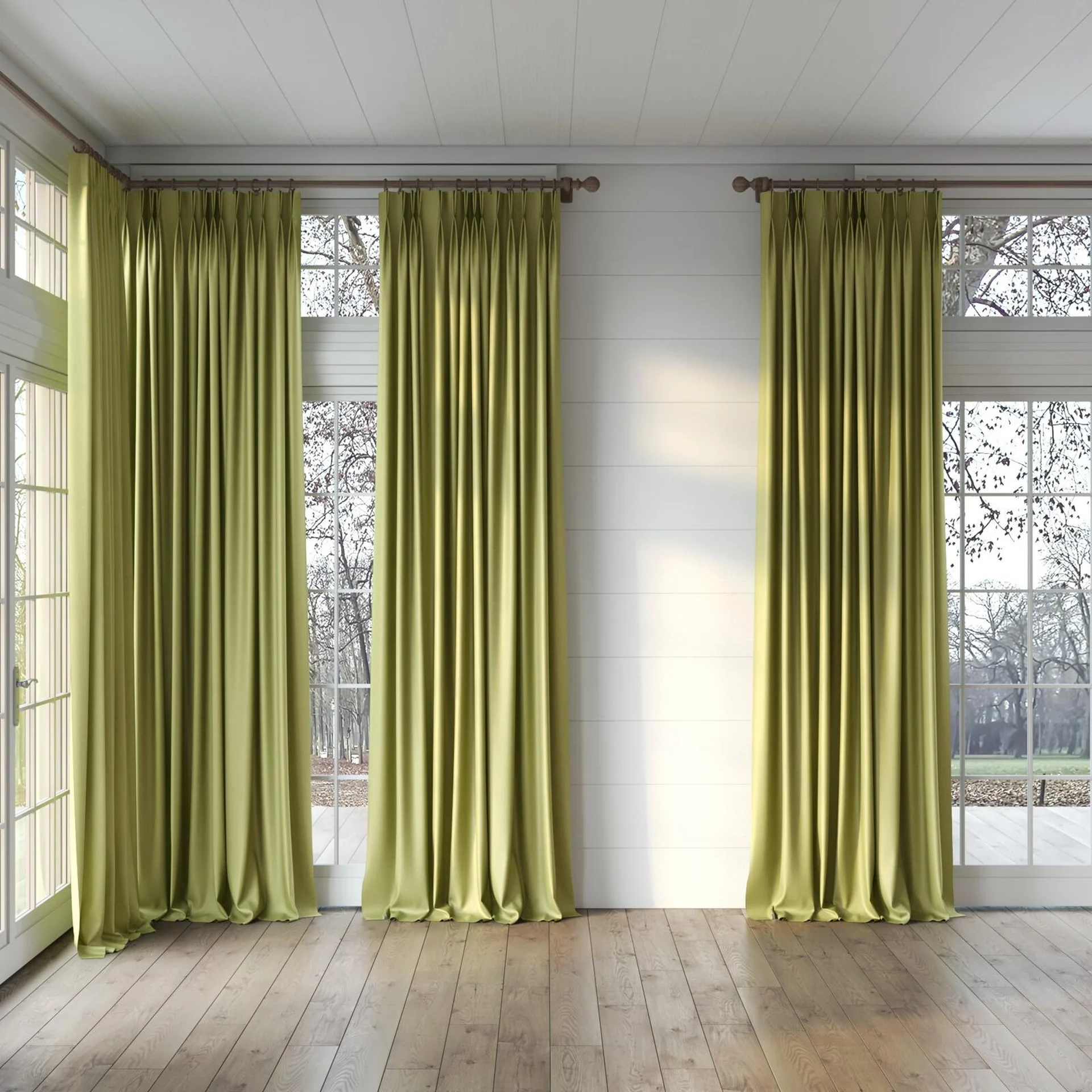 Full view of Re-Boot Pistachio, puddled, on curtain rod