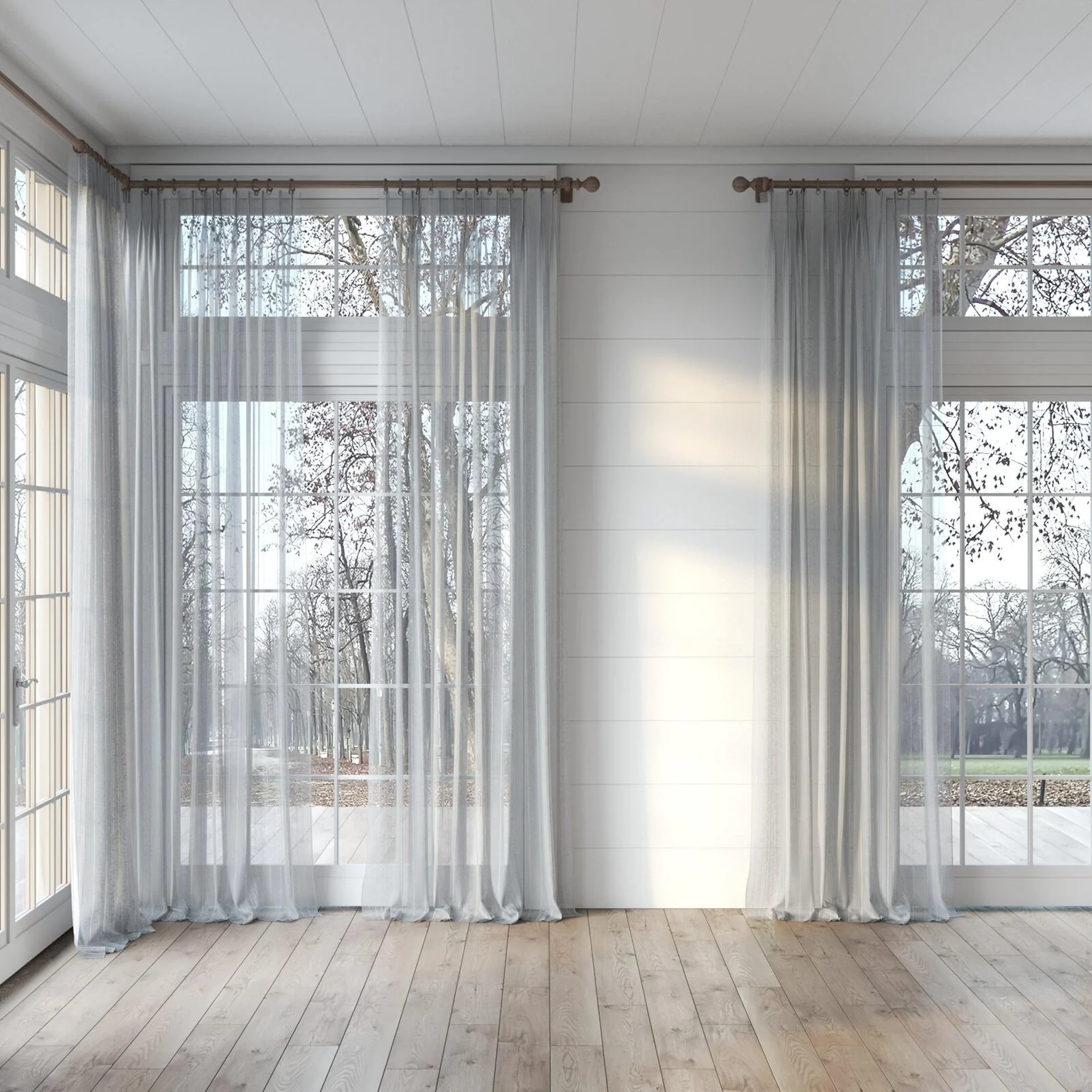 Full view of Mira Shadow, puddled, on curtain rod