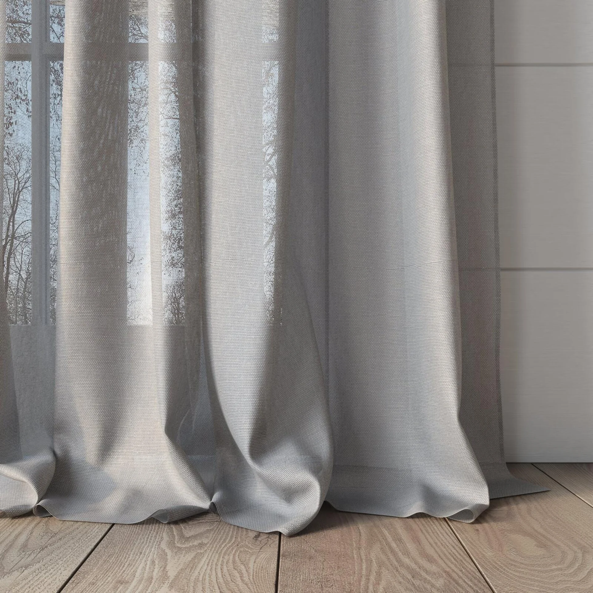 Bottom view of Alcova Cloud, puddled, on curtain rod