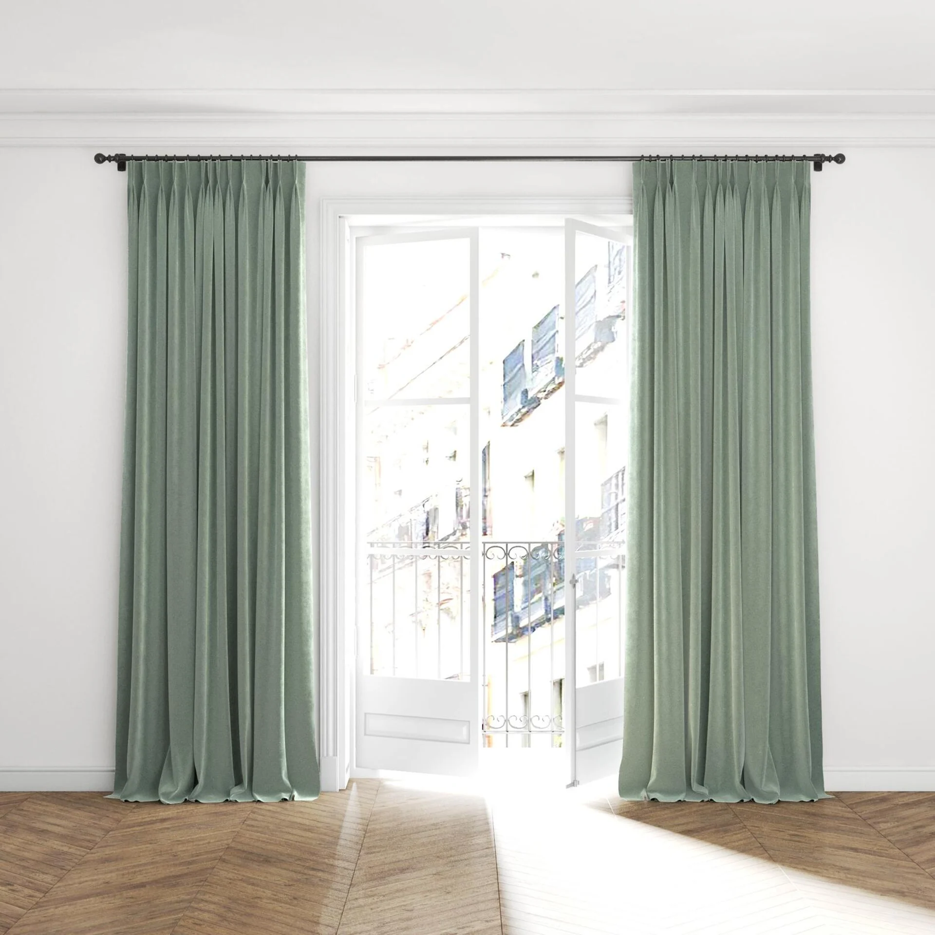 Full view of Vienna Folkstone, puddled with pinch pleat, on curtain rod