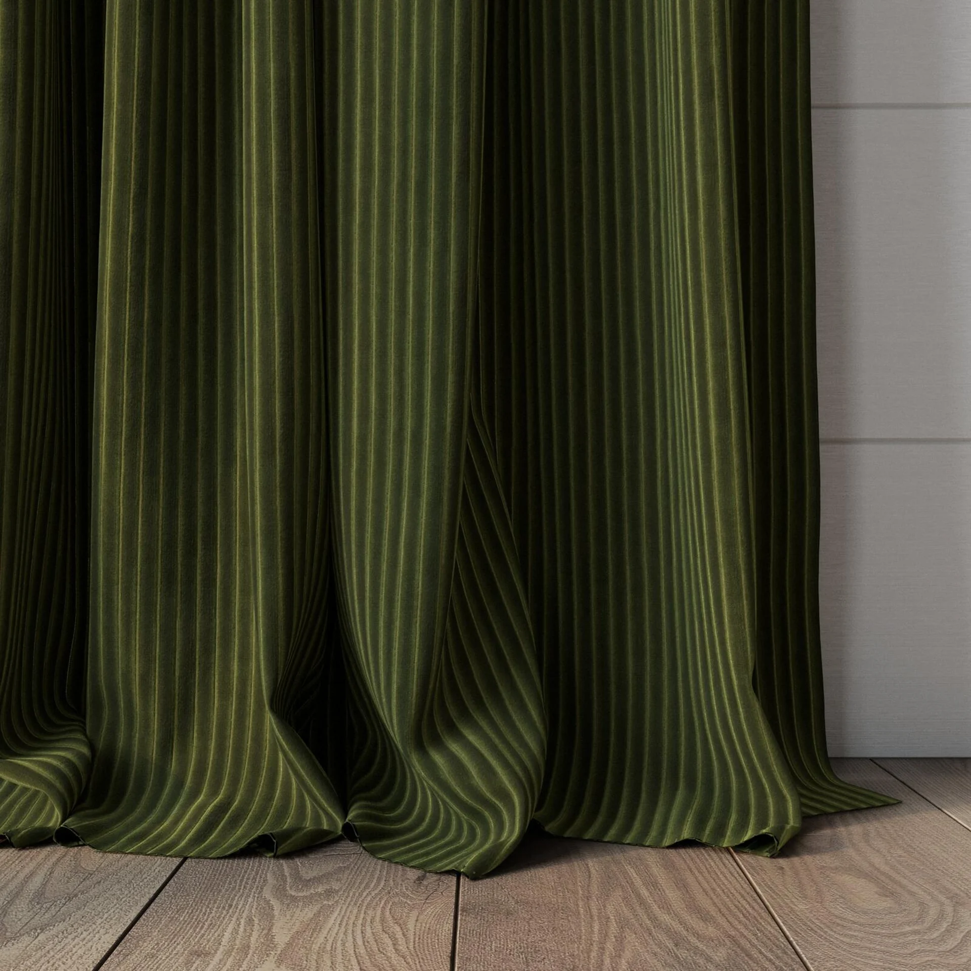 Bottom view of Embrace Camouflage, puddled, on curtain rod