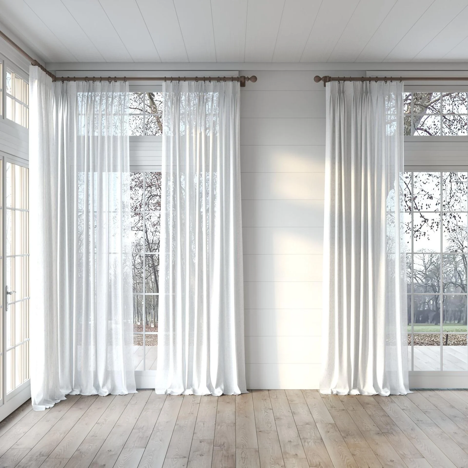 Full view of Shoji Silver Birch, puddled, on curtain rod