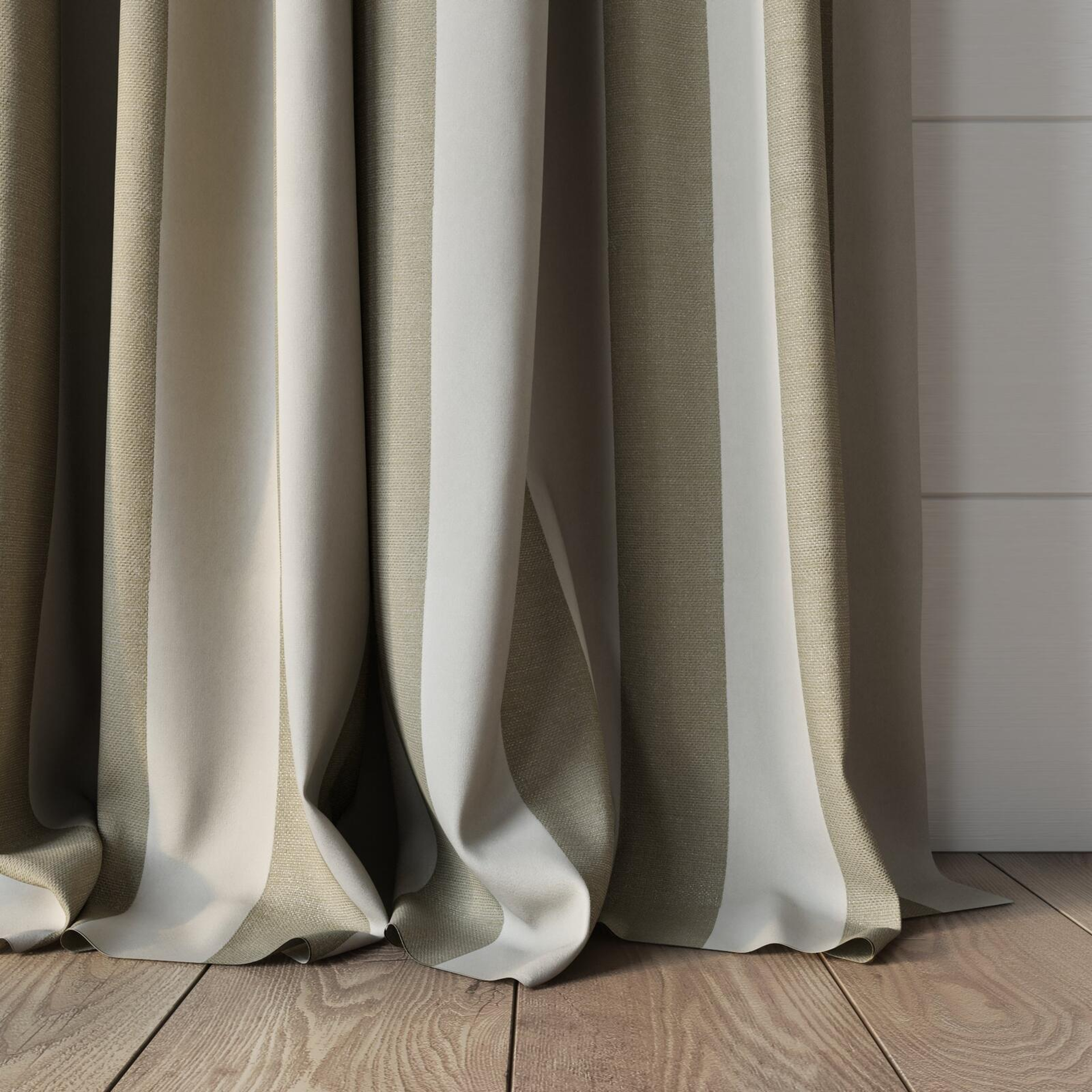 Bottom view of Nexus Linen, puddled, on curtain rod