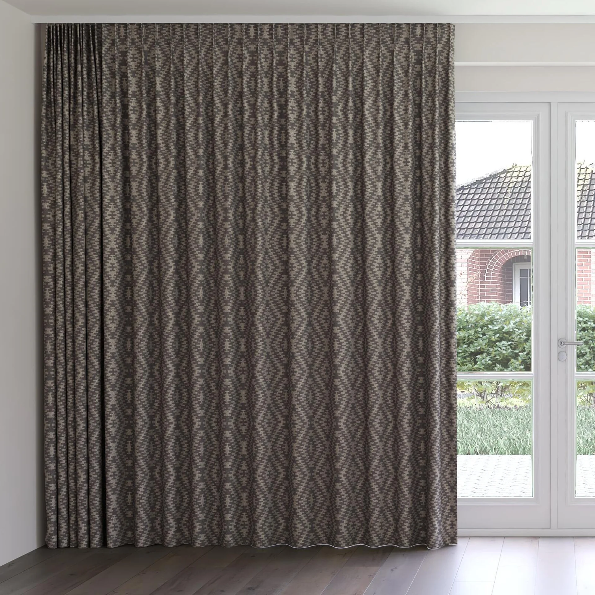 Front view of Kaoani Liquorice, on curtain rail