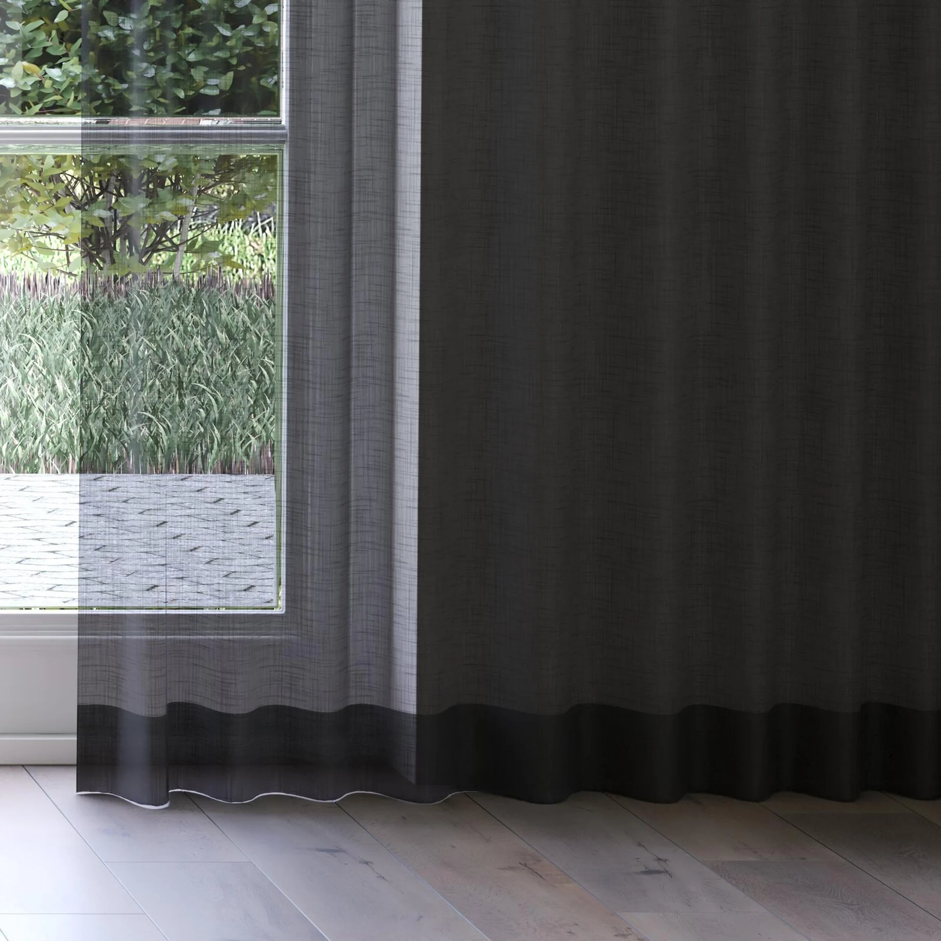 Bottom view of Kumo Recycled Charcoal, on curtain rail