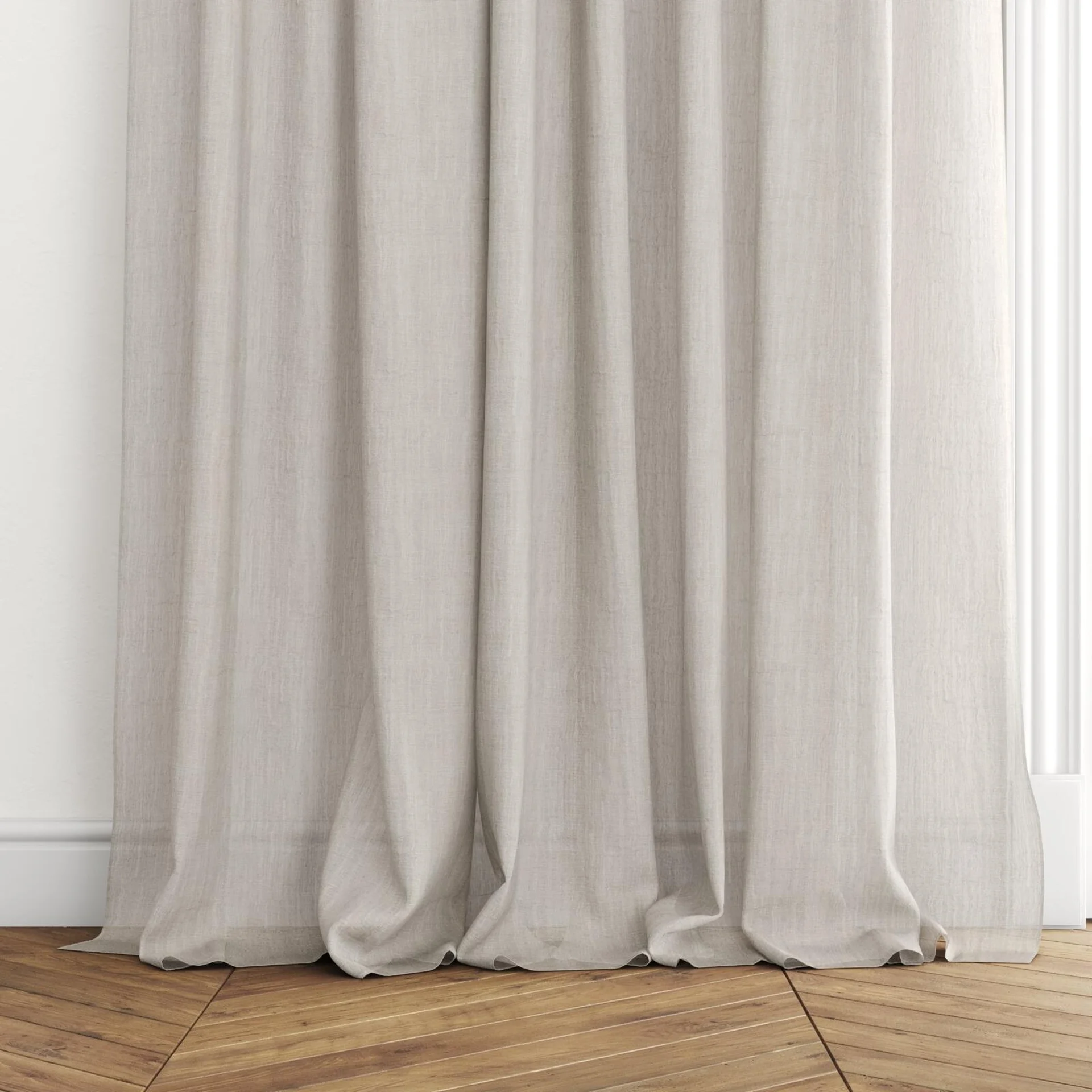 Bottom view of Illusion Linen, puddled with pinch pleat, on curtain rod