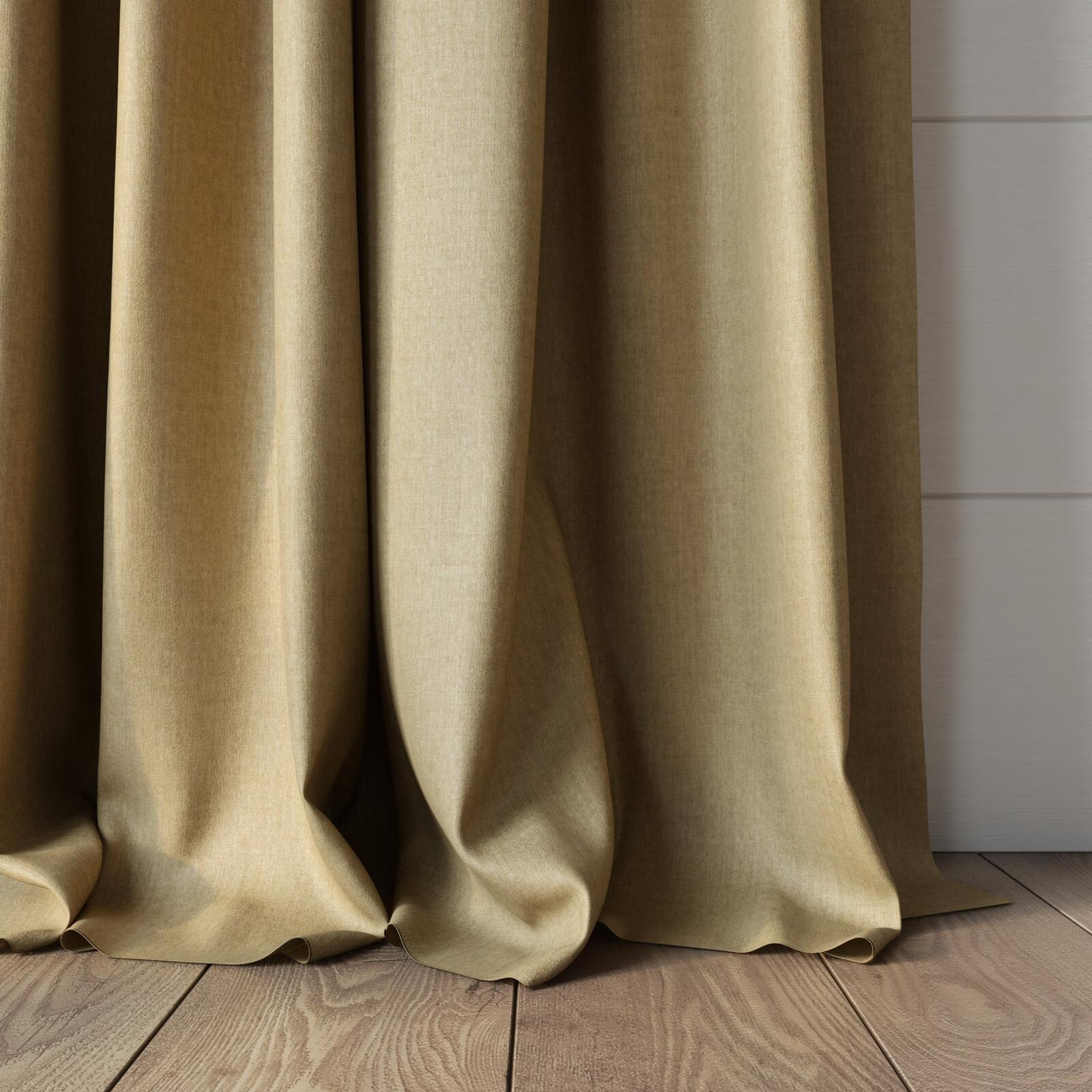 Bottom view of Cushy Camel, puddled, on curtain rod