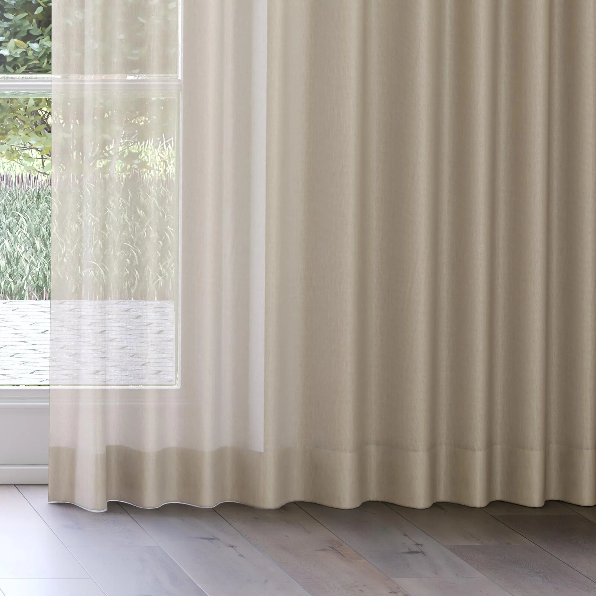 Bottom view of Jaba Beige, on curtain rail