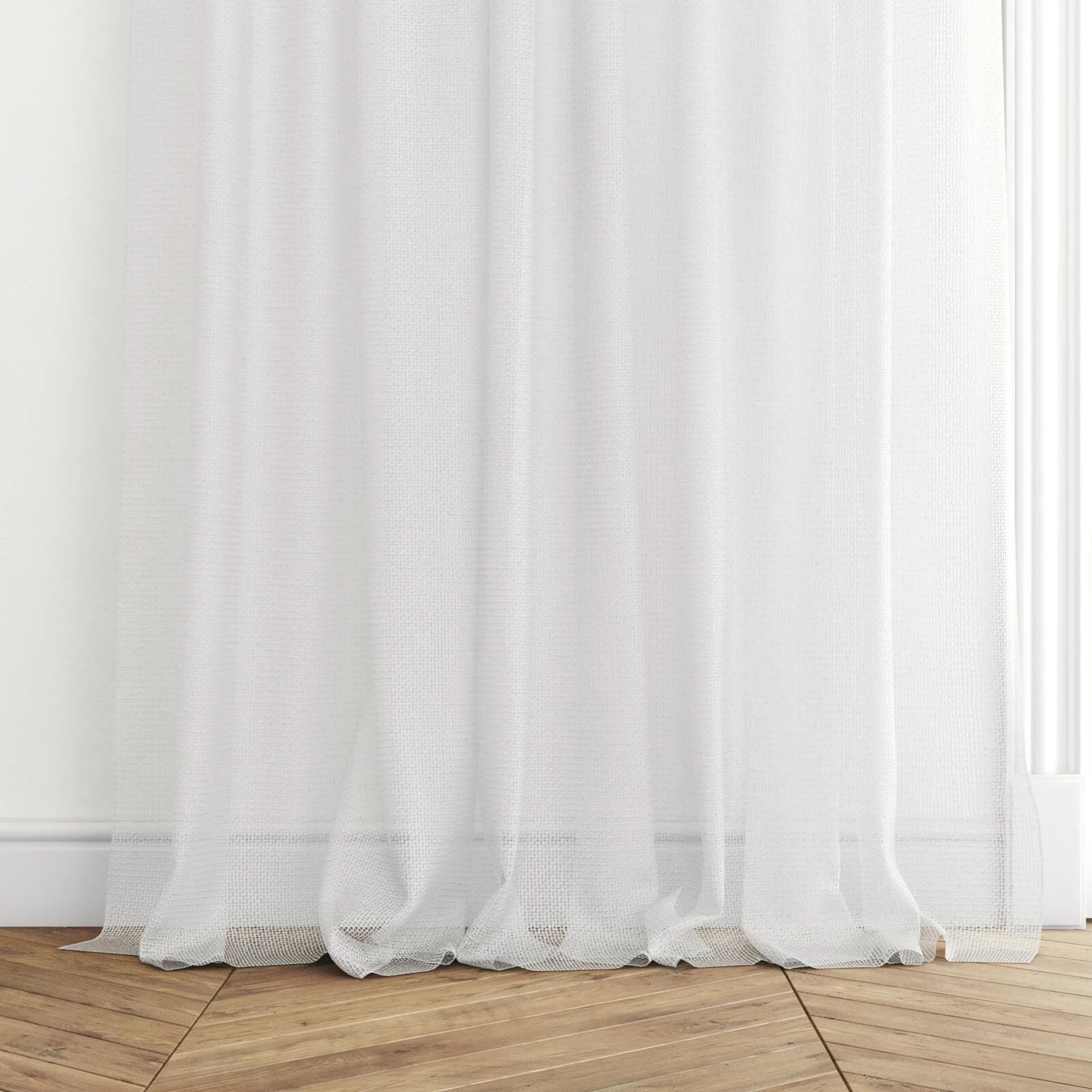 Bottom view of Cosmos Pure, puddled with pinch pleat, on curtain rod