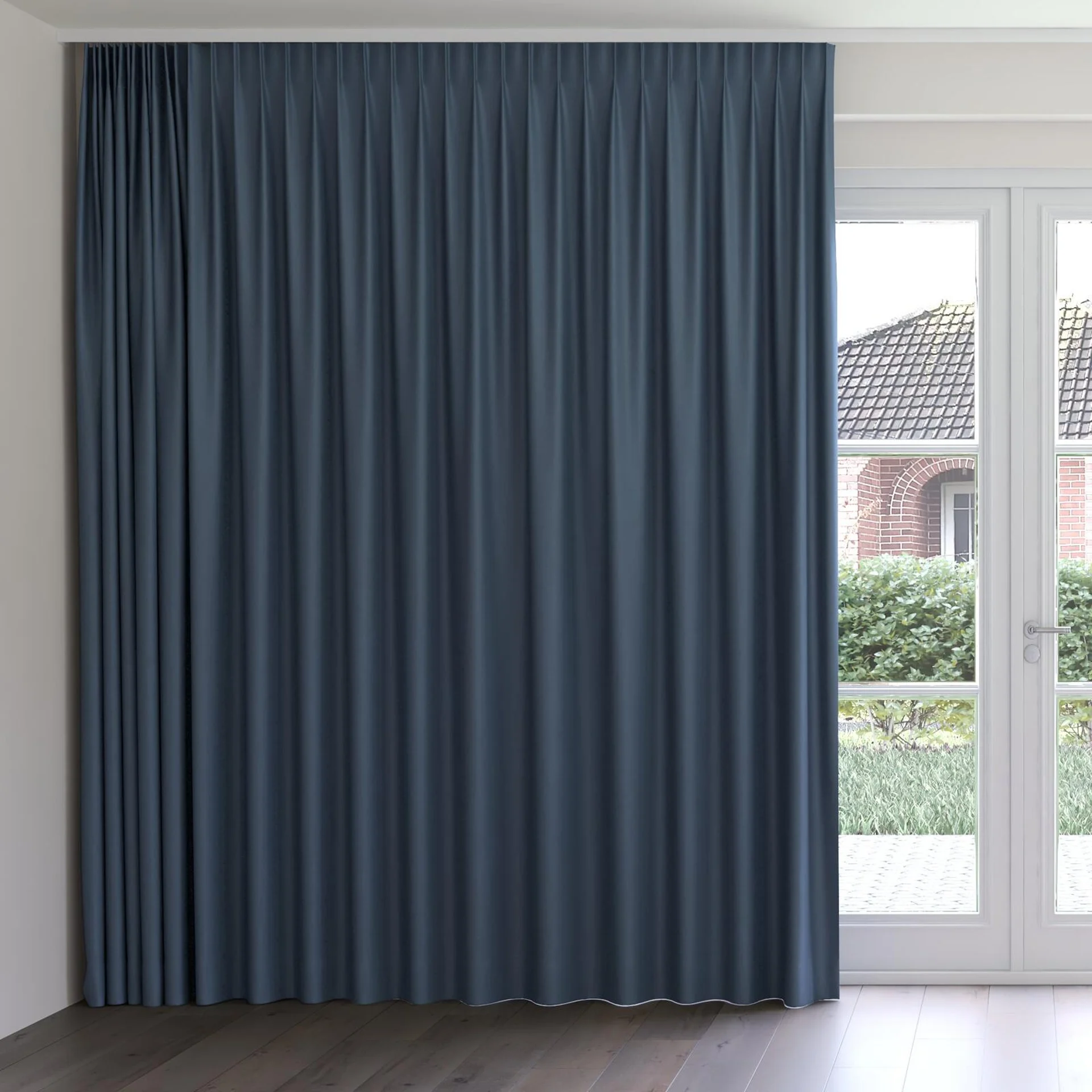 Front view of Infinite Ming Blue, on curtain rail