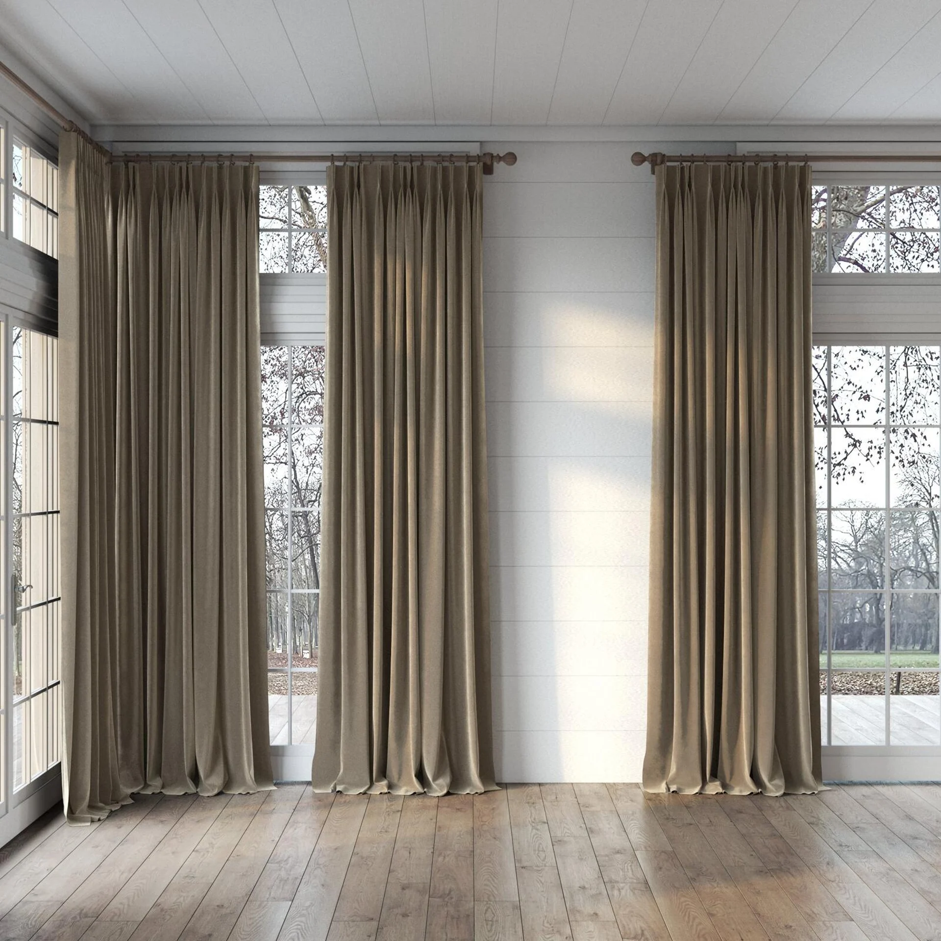 Full view of Vienna Taupe, puddled, on curtain rod