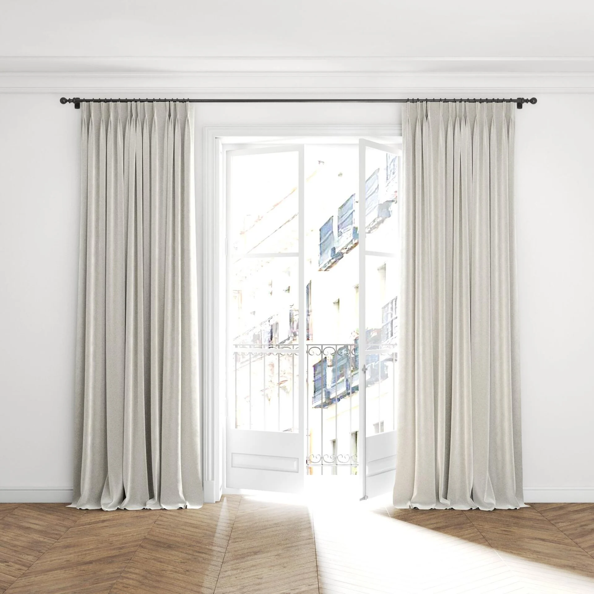Full view of Geneva Limestone, puddled with pinch pleat, on curtain rod
