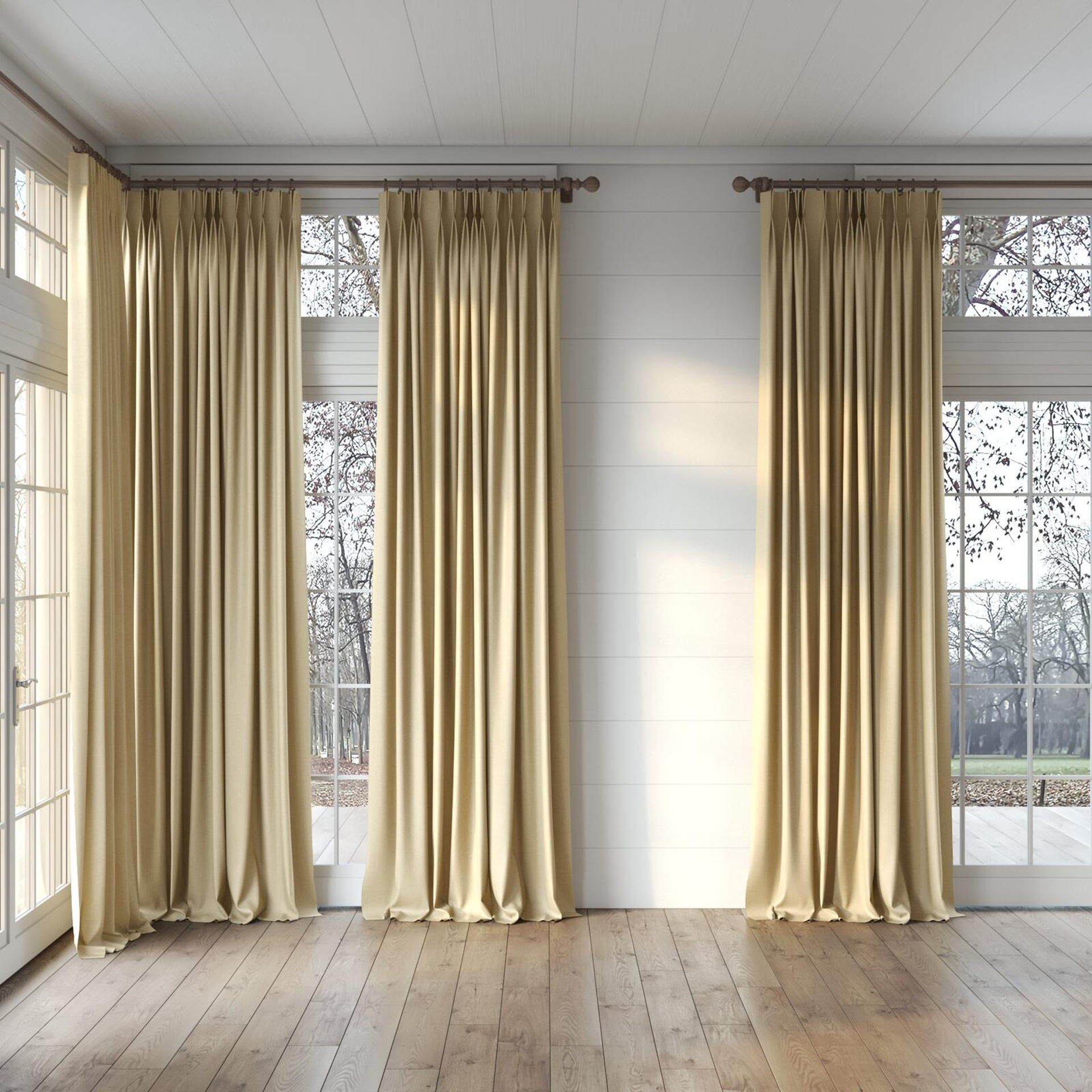 Full view of Cushy Camel, puddled, on curtain rod