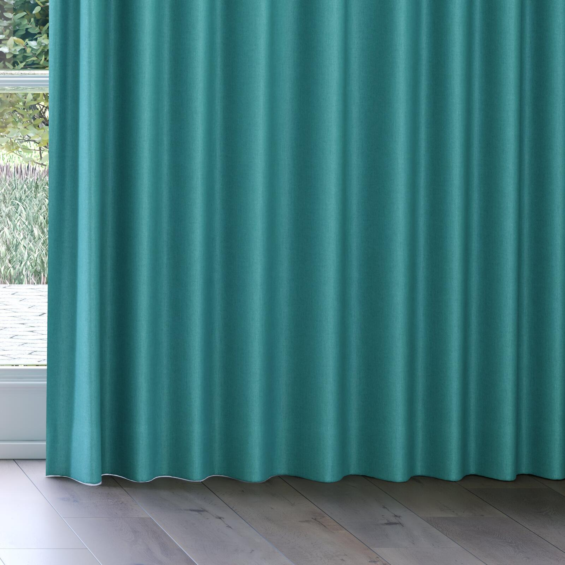 Bottom view of Cushy Teal, on curtain rail
