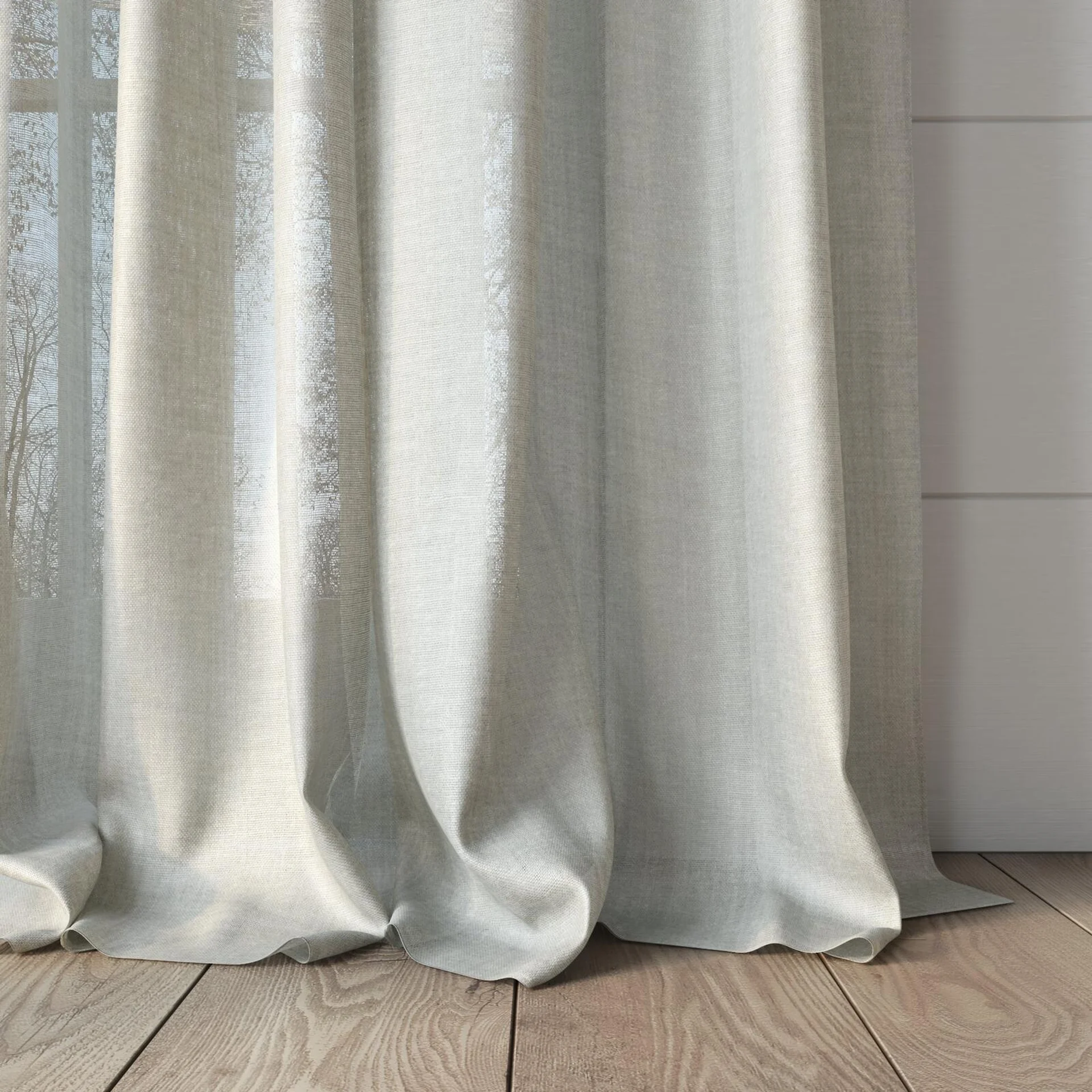 Bottom view of Uru Ecru, puddled, on curtain rod