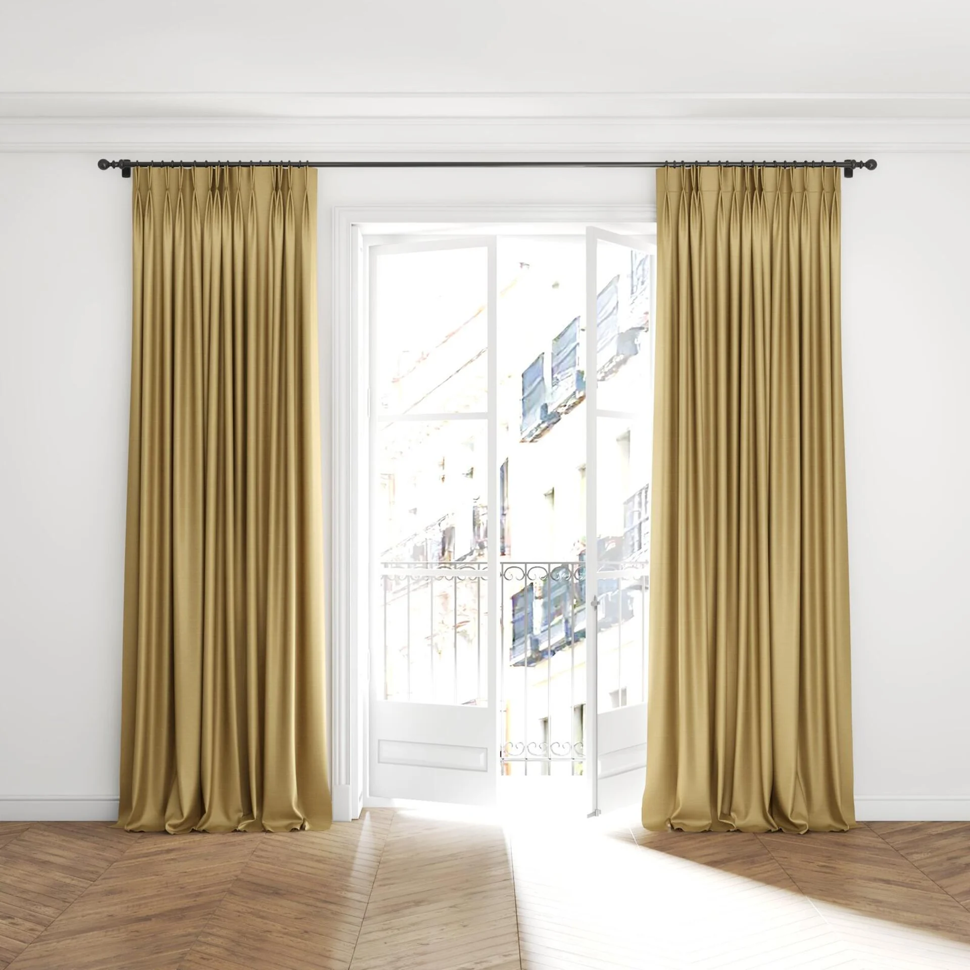 Full view of Silky Seagrass, puddled with pinch pleat, on curtain rod