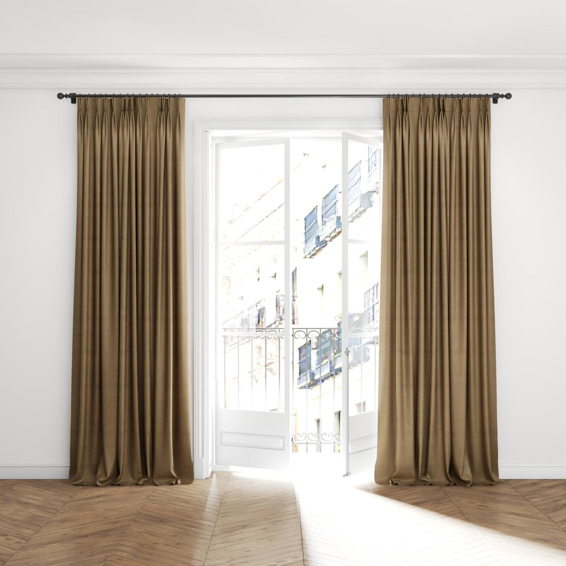 Full view of Baron Buff, puddled with pinch pleat, on curtain rod