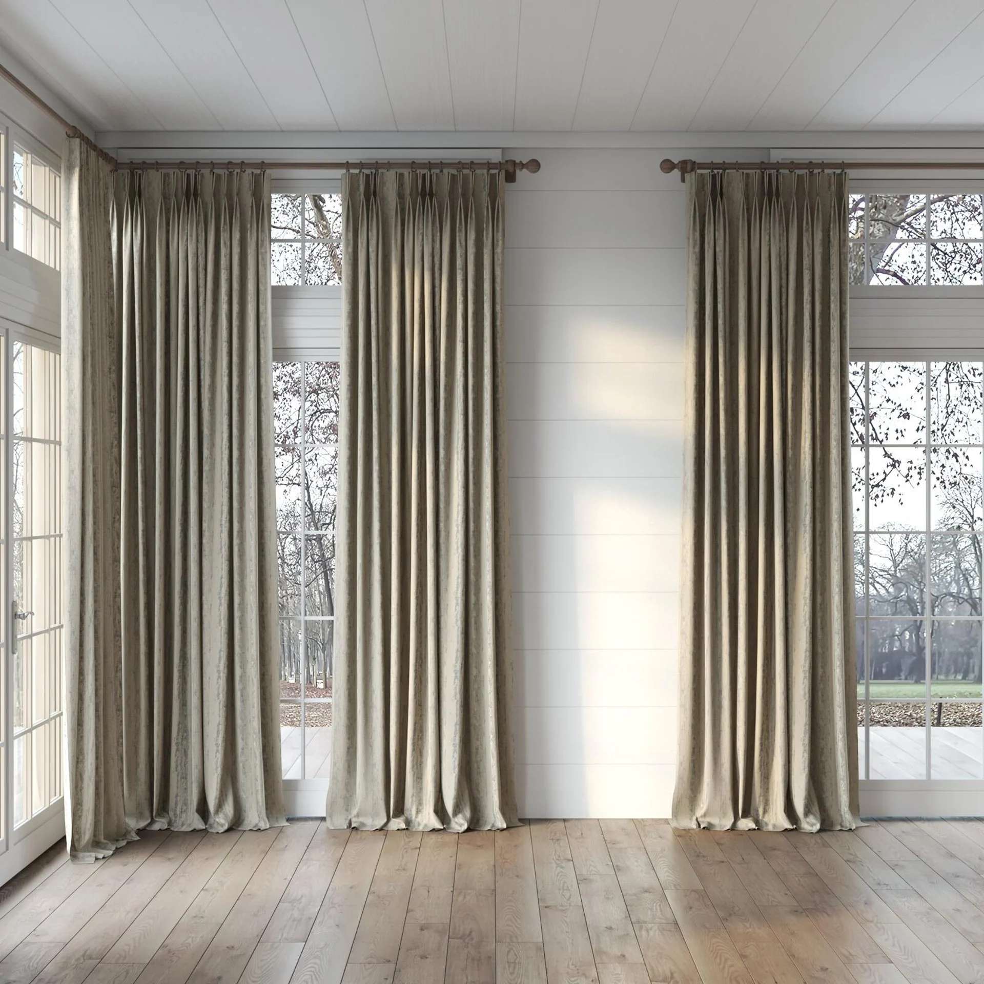 Full view of Stripia Plaza, puddled, on curtain rod