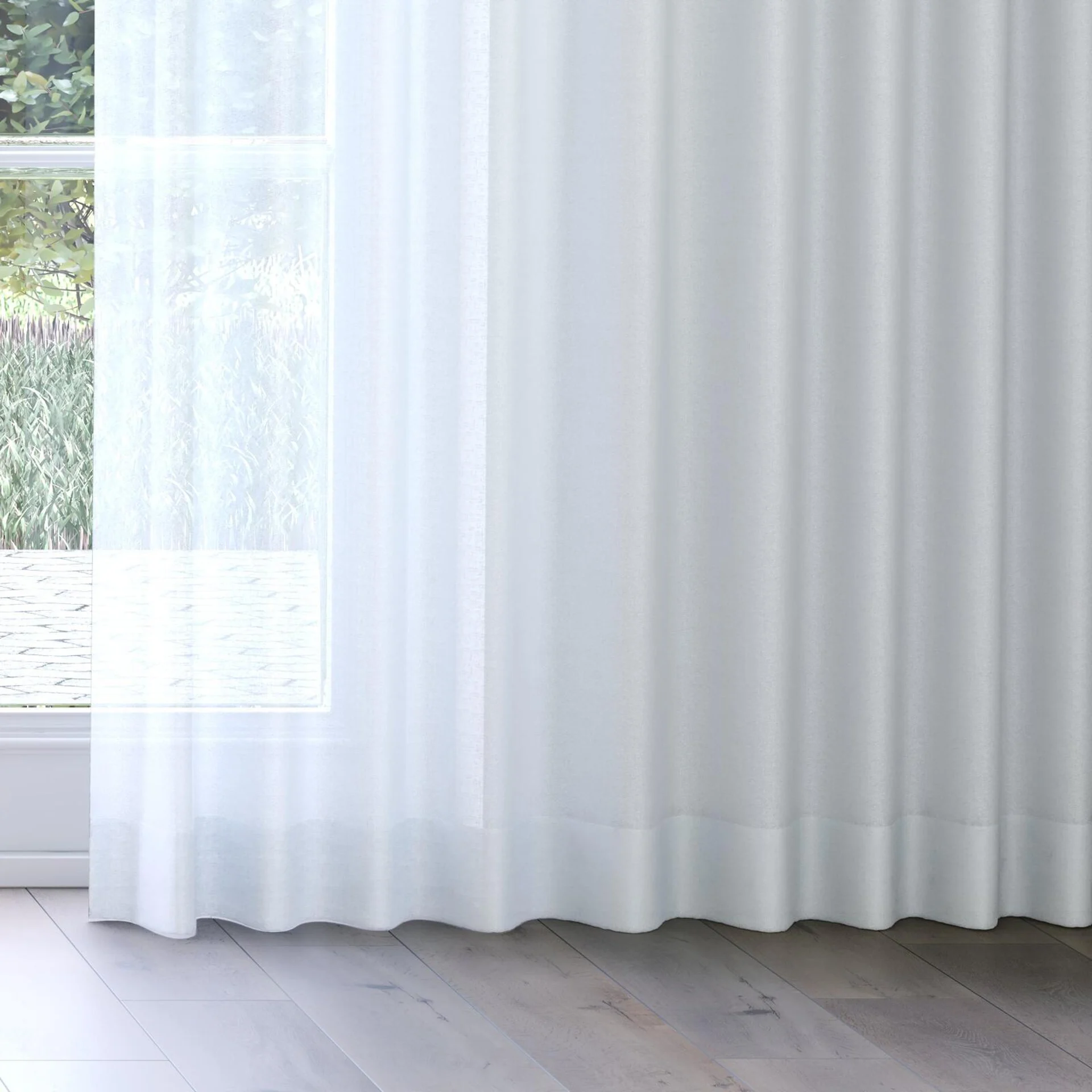 Bottom view of Kanso Stonewash Sky, on curtain rail