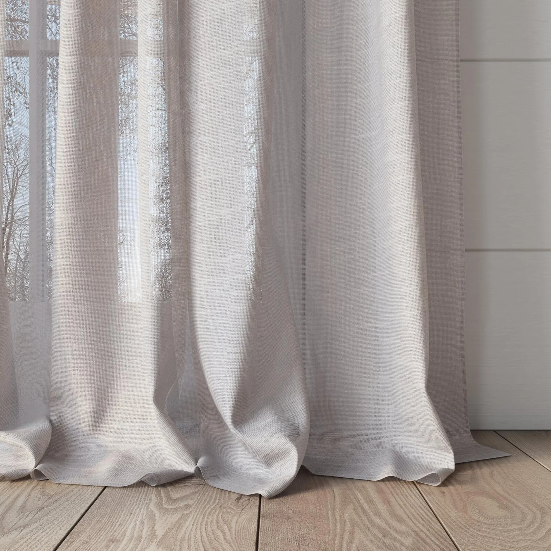 Bottom view of Angelic Whisper, puddled, on curtain rod