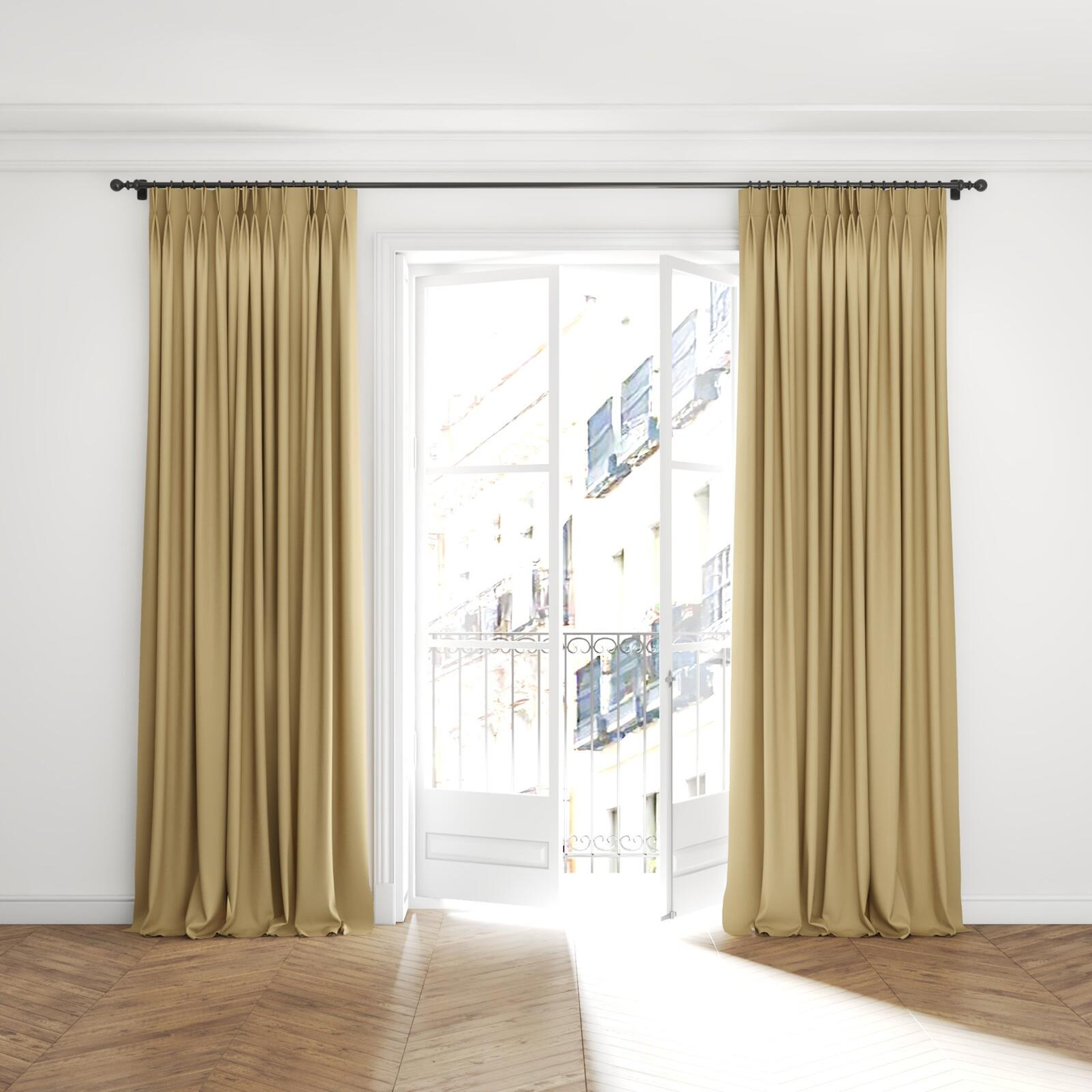 Full view of Coverlet Wheat, puddled with pinch pleat, on curtain rod