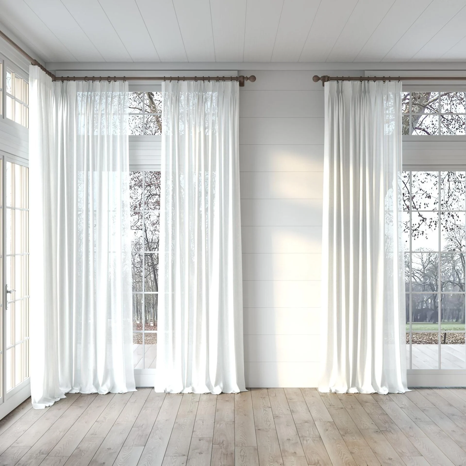 Full view of Mindful Natural, puddled, on curtain rod