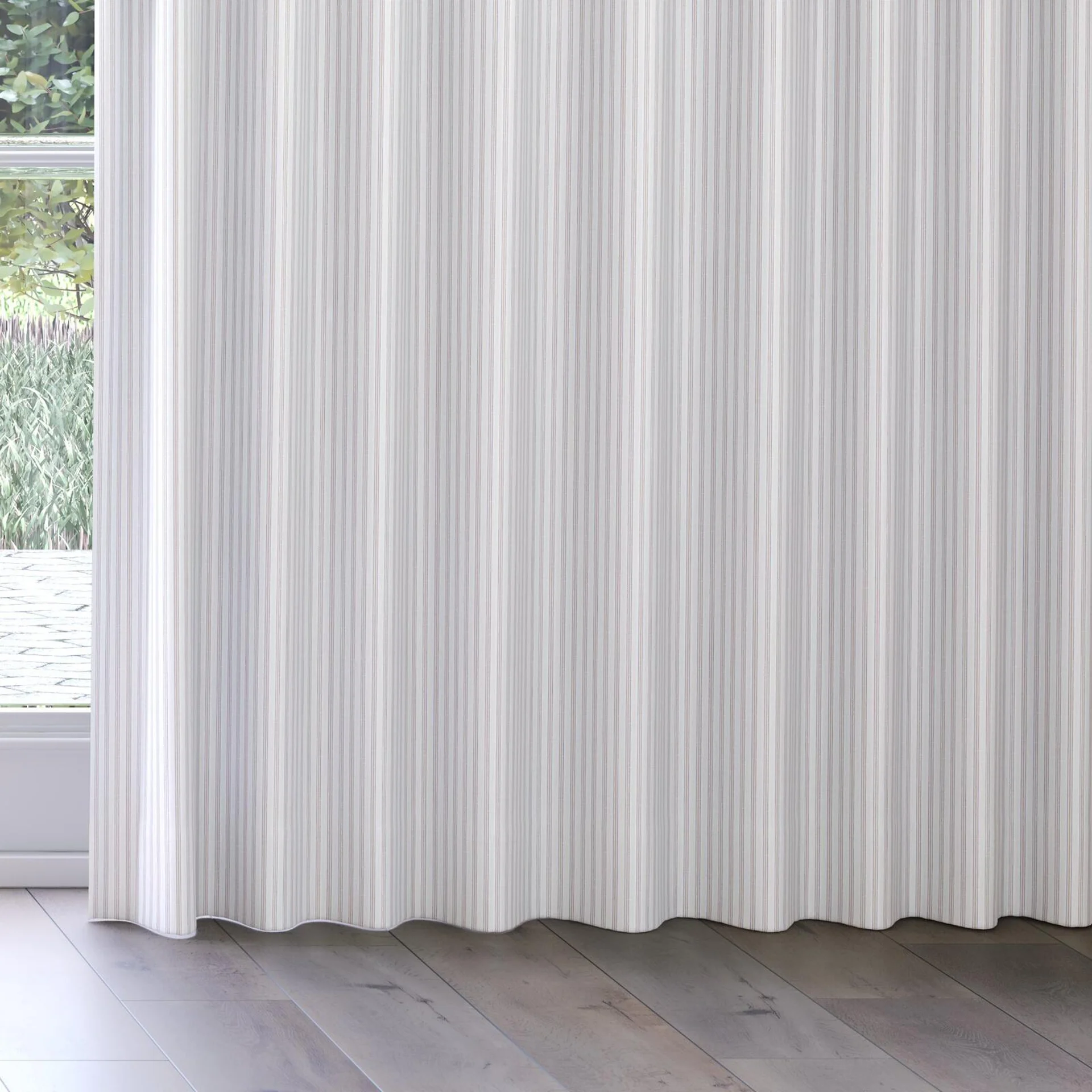 Bottom view of Chambray Ticking Clay, on curtain rail