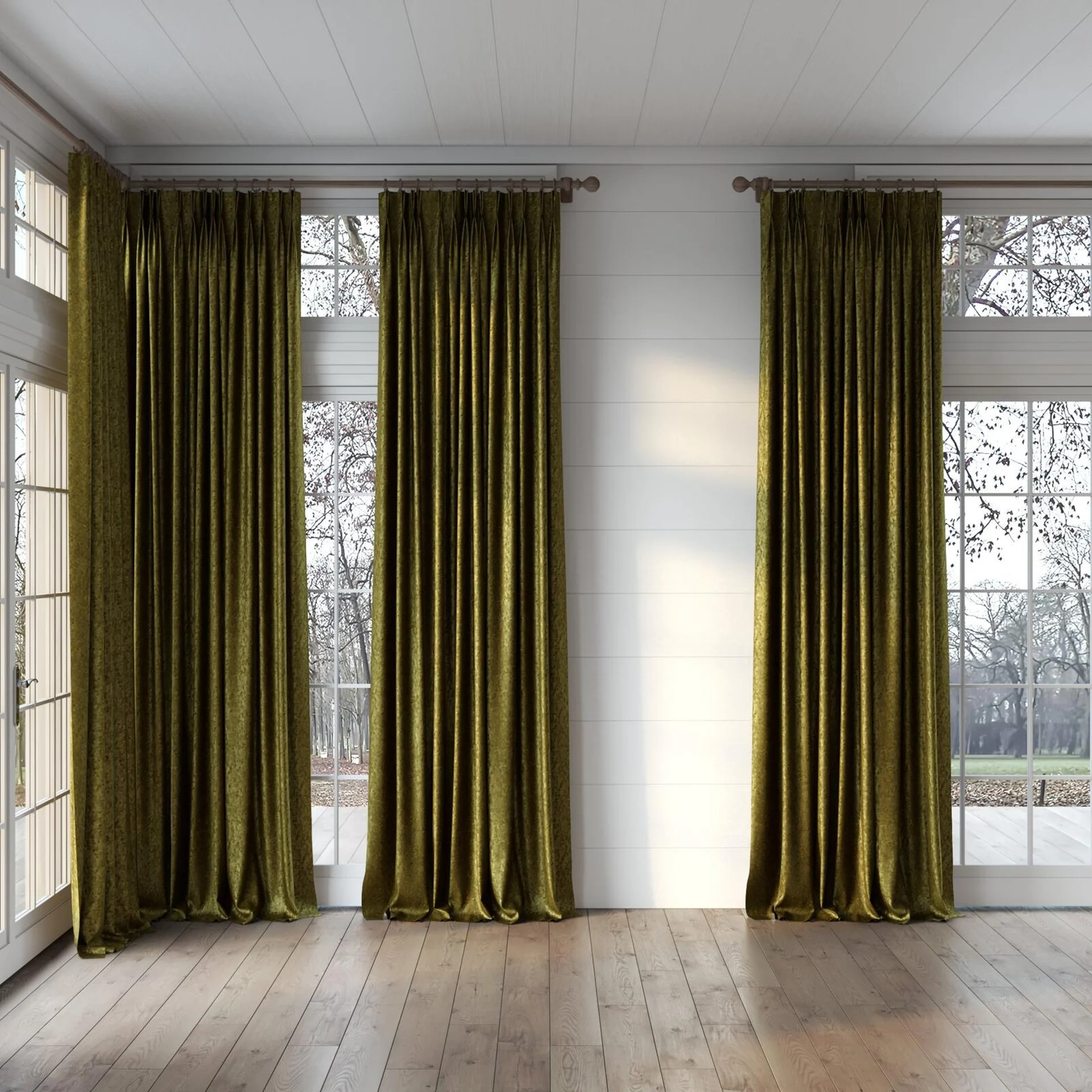 Full view of Opera Leaf, puddled, on curtain rod