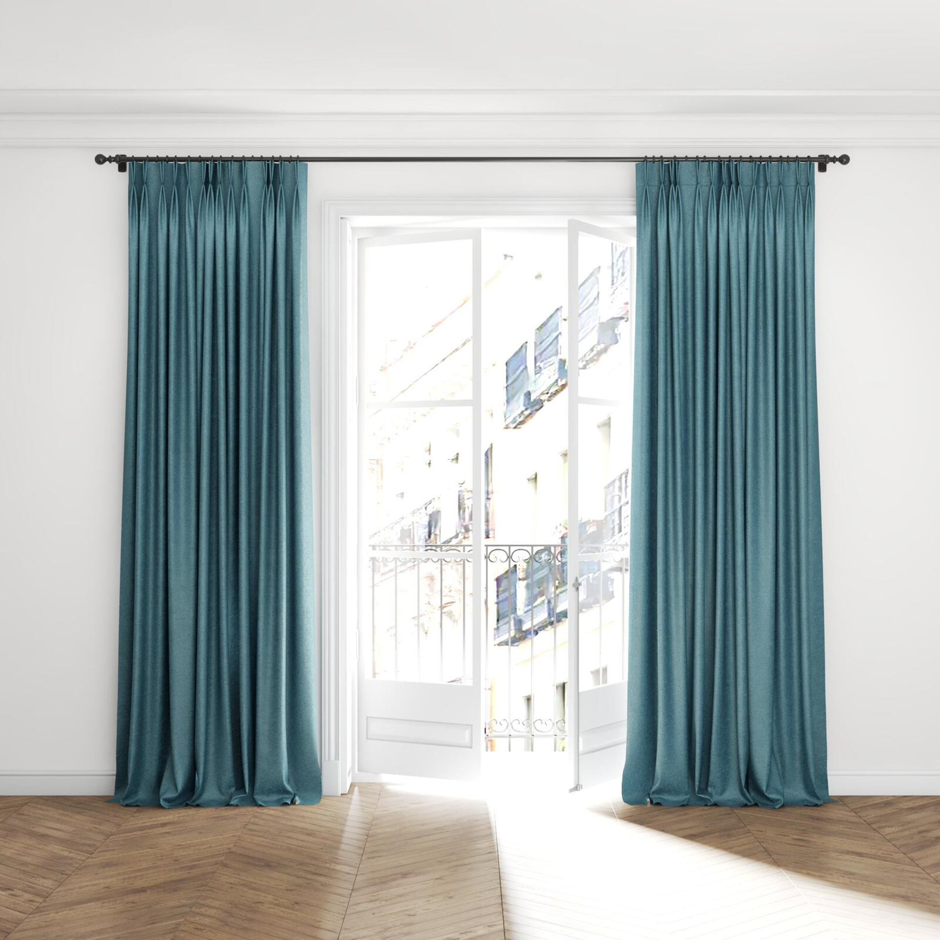 Full view of Monsieur Hydro, puddled with pinch pleat, on curtain rod