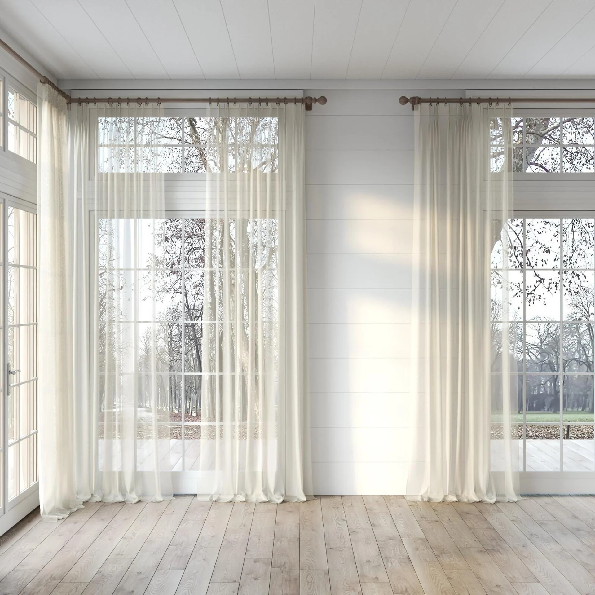 Full view of Xo Cashew, puddled, on curtain rod