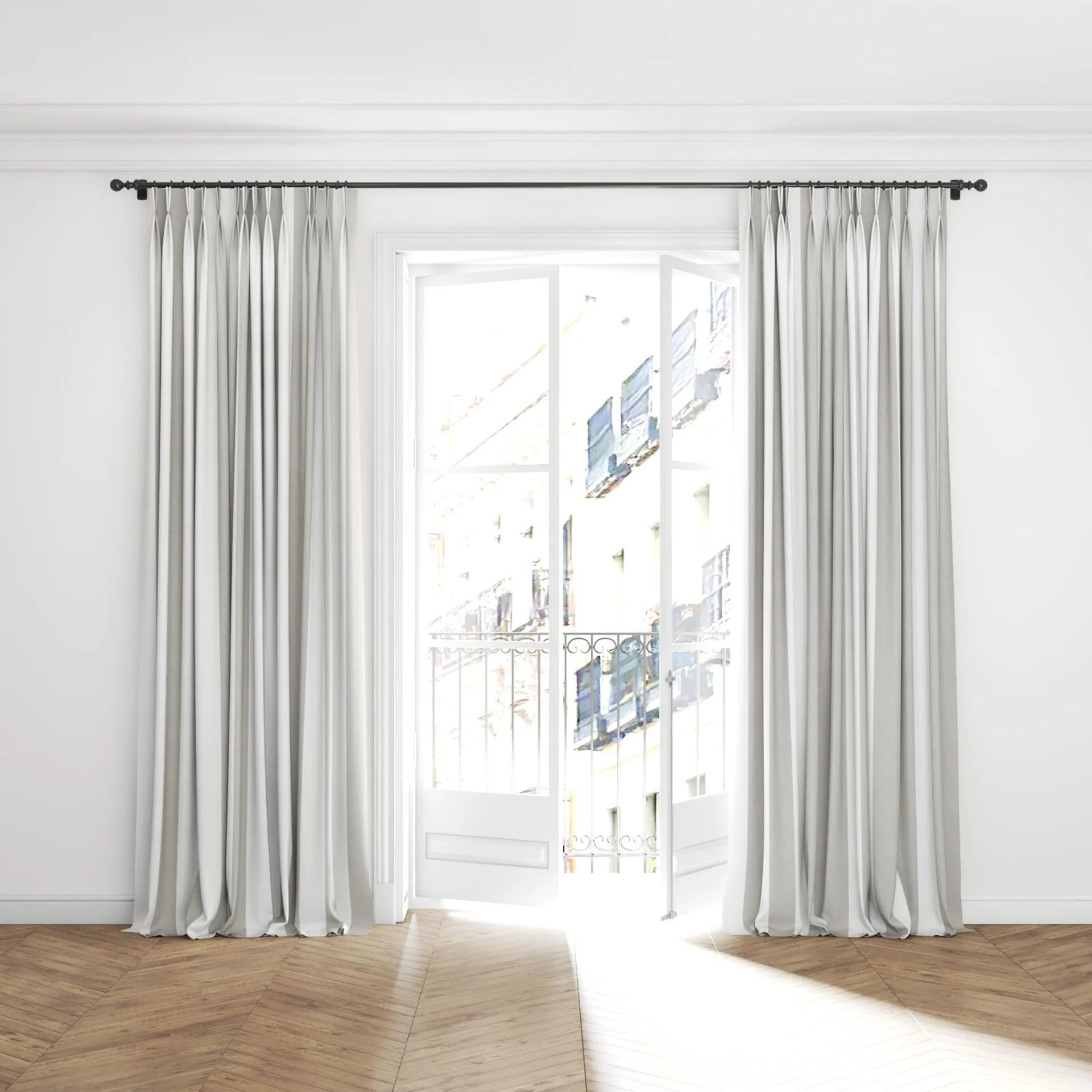 Full view of Chambray Bold Sepia, puddled with pinch pleat, on curtain rod