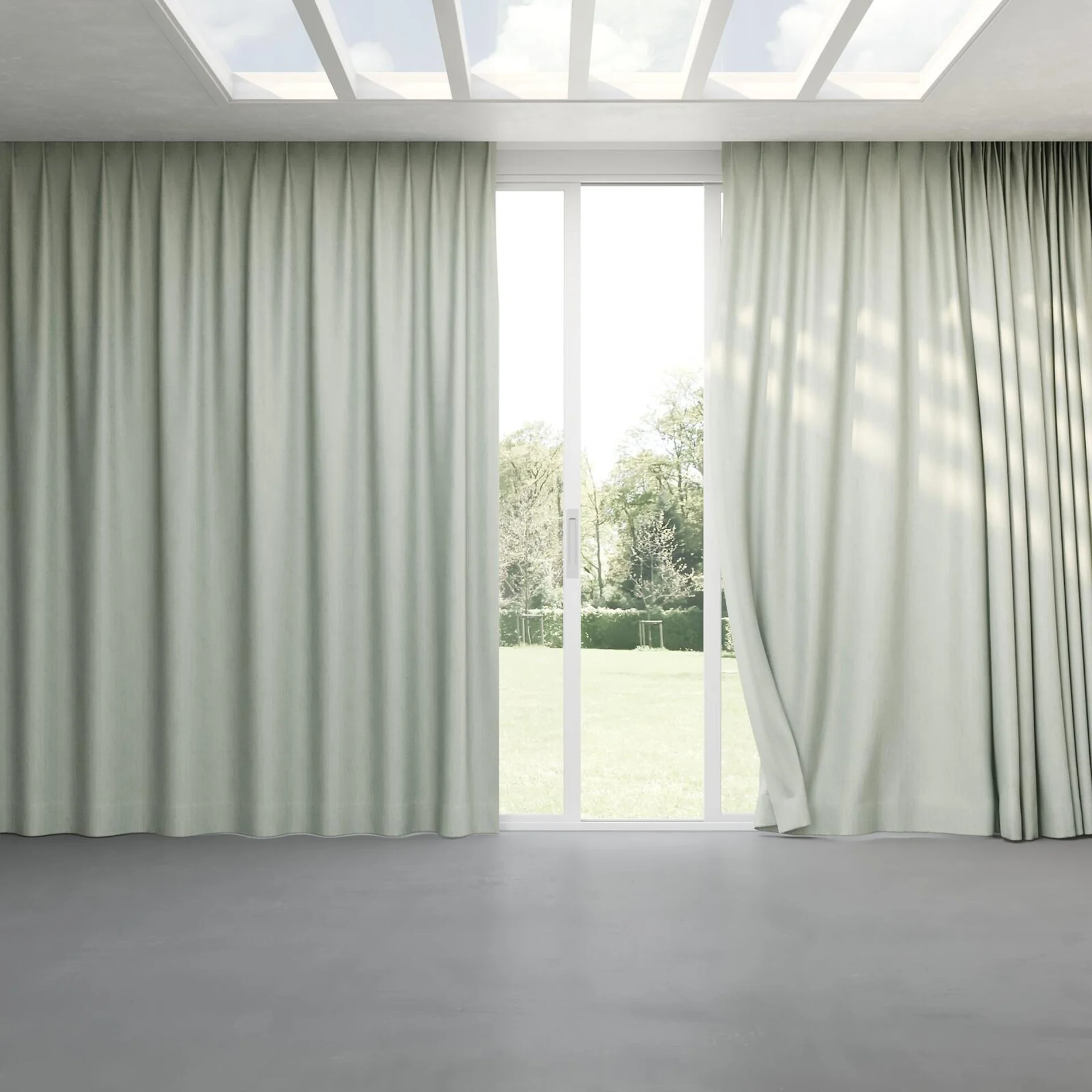Full view of Retreat Blackout Palm, pinch pleat