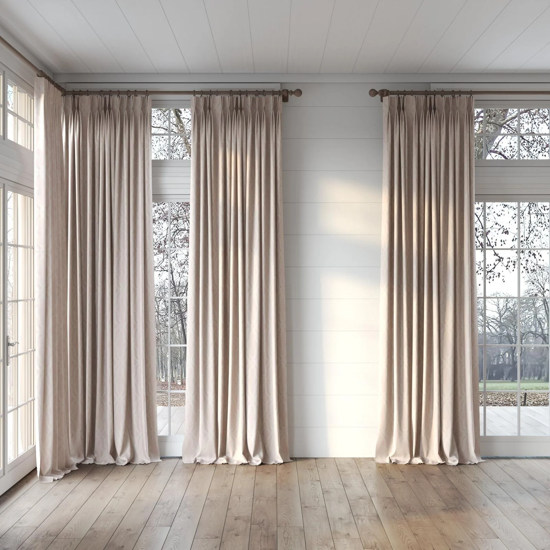 Full view of Modus Blossom, puddled, on curtain rod