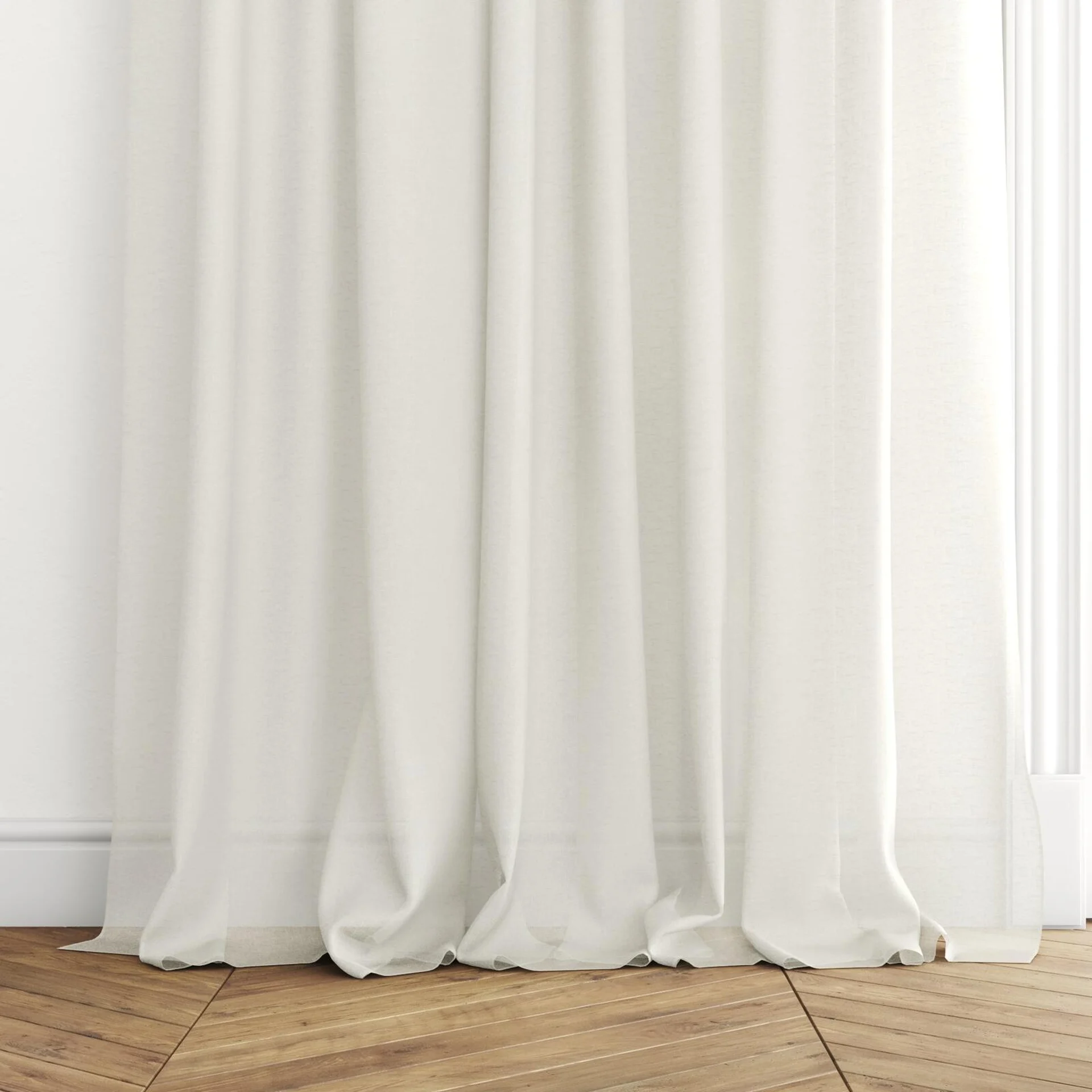 Bottom view of Alcova Flax, puddled with pinch pleat, on curtain rod