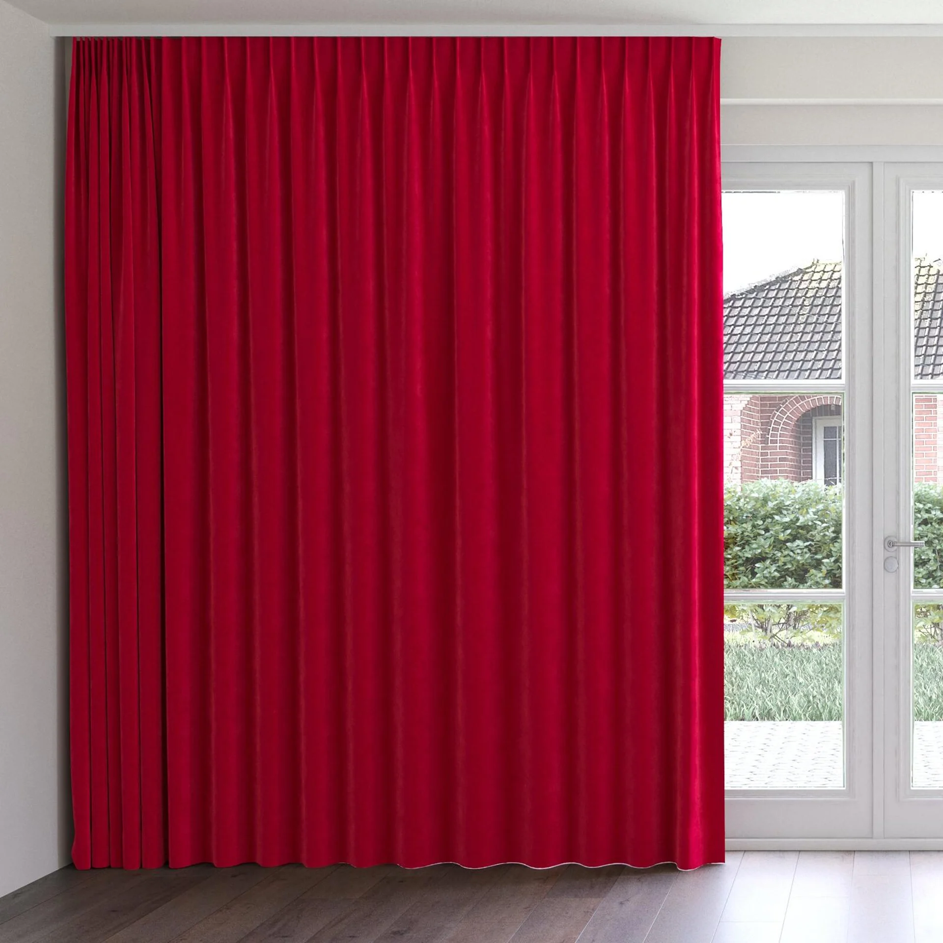Front view of Lux Velvet Crimson 8605, on curtain rail